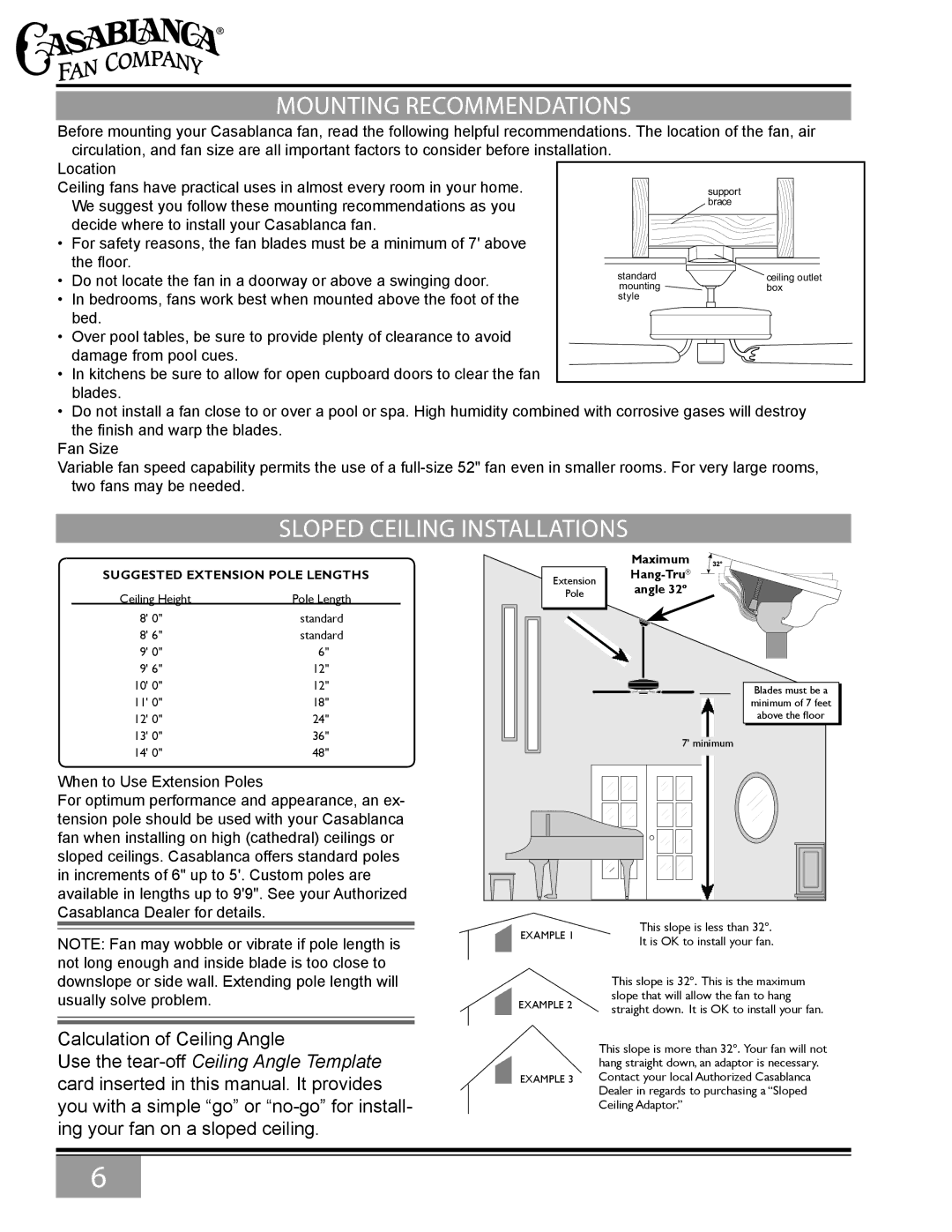 Casablanca Fan Company 6643Z owner manual Mounting Recommendations, Sloped Ceiling Installations 