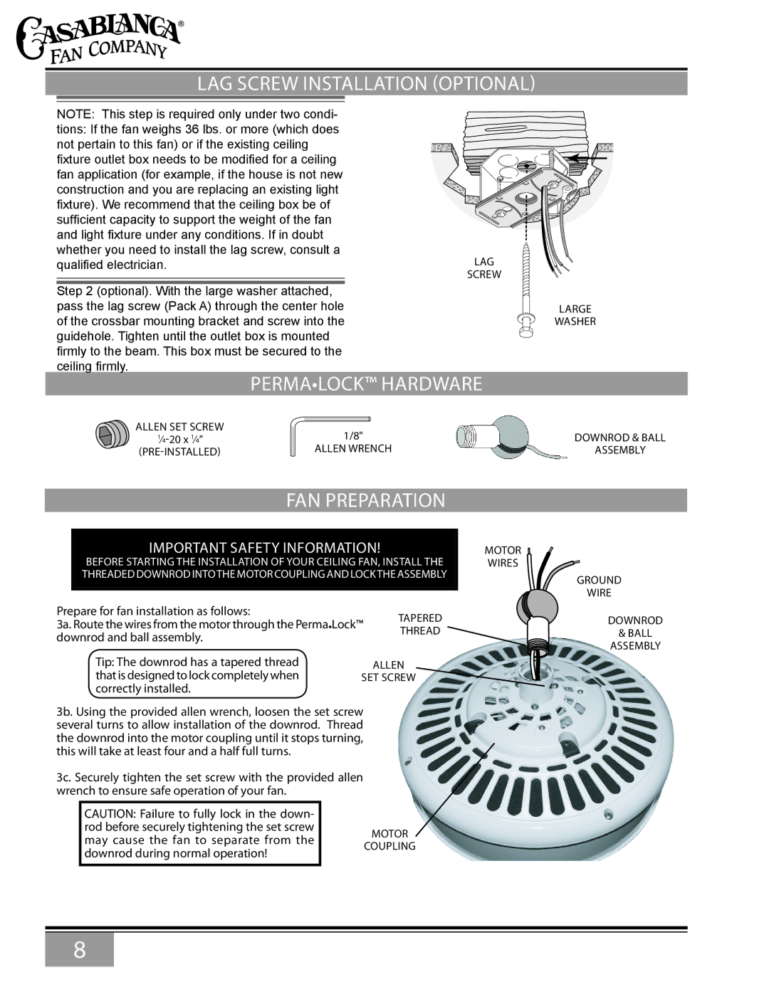 Casablanca Fan Company 6643Z owner manual LAG Screw Installation Optional, Permalock hardware, FAN Preparation 