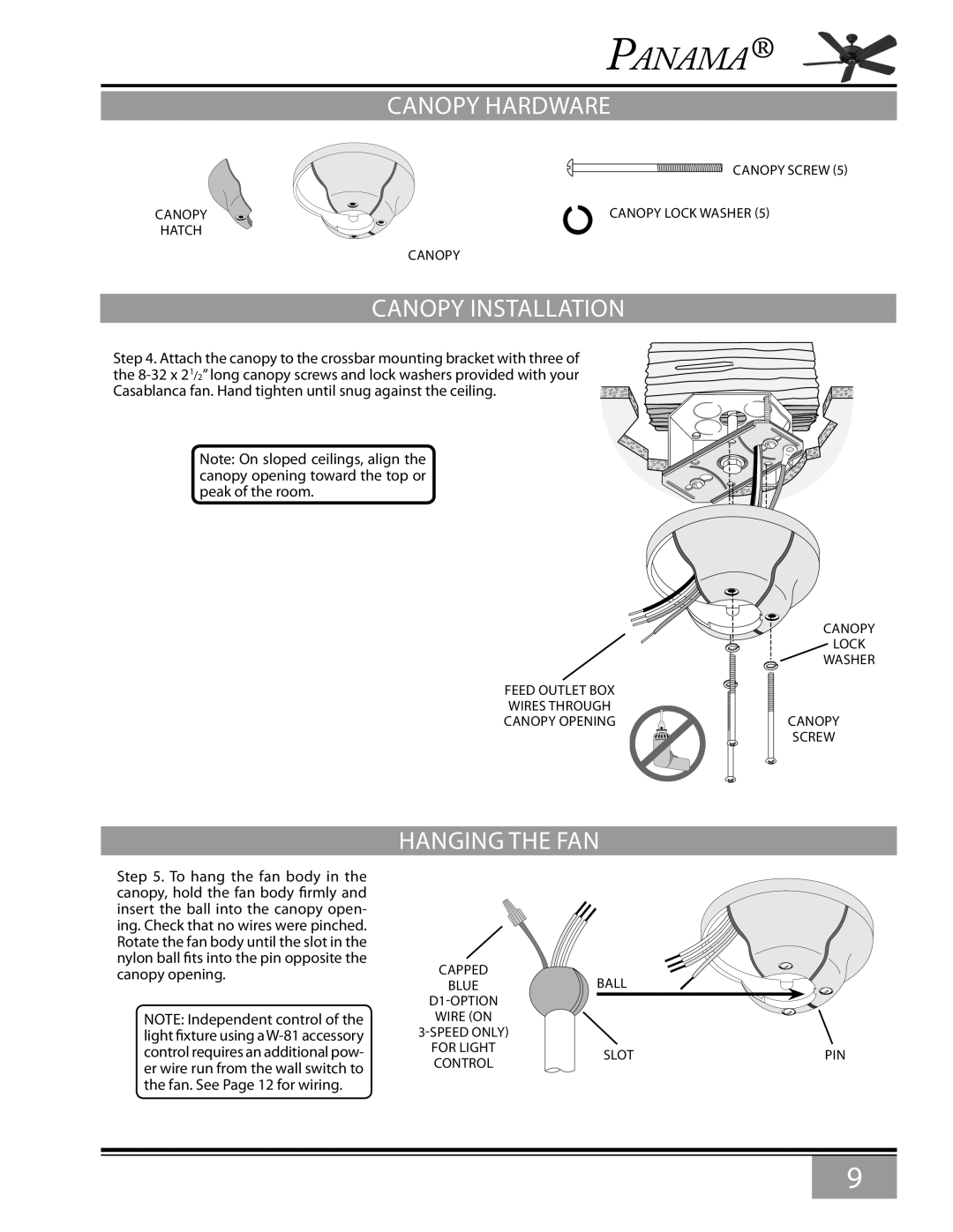 Casablanca Fan Company 6643Z owner manual Canopy Hardware, Canopy Installation, Hanging the FAN 