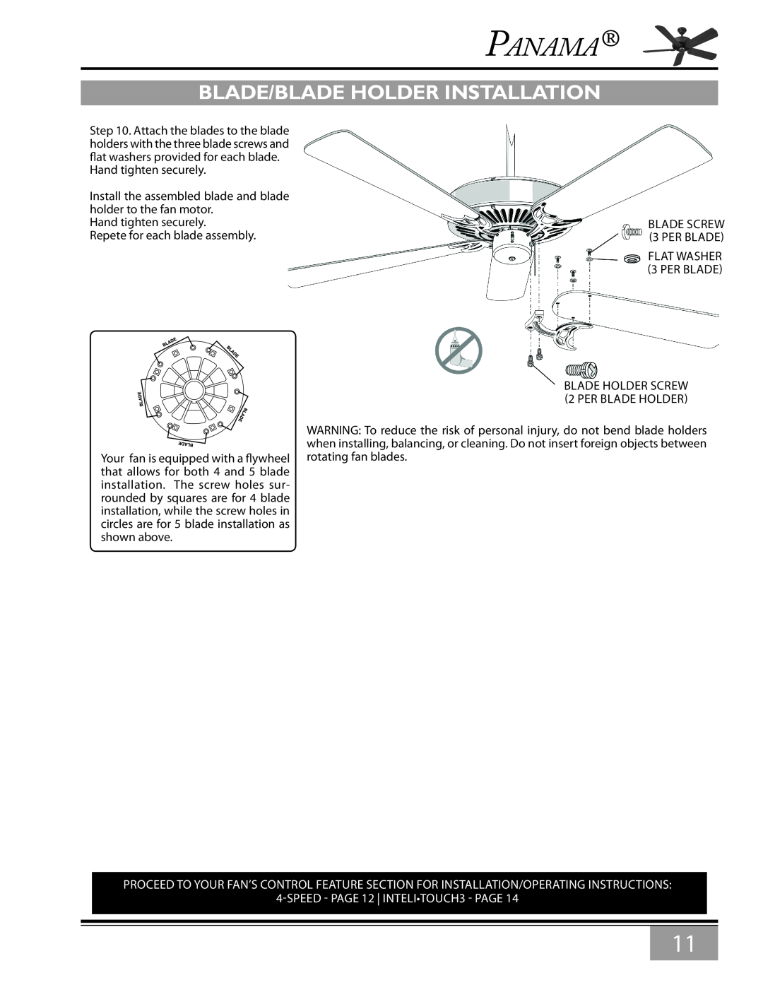 Casablanca Fan Company 6643Z owner manual blade/blade holder installation, SPEED - PAGE 12 INTELITOUCH3 - PAGE, Panama 