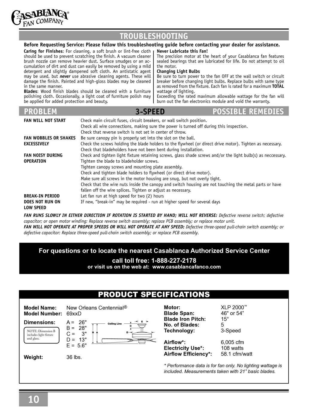 Casablanca Fan Company 69xxD warranty Troubleshooting, Problem, Possible Remedies, Model Name Model Number Dimensions 