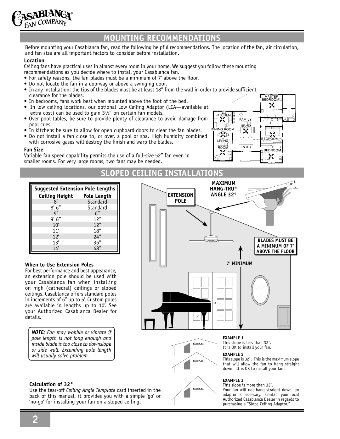 Casablanca Fan Company 69xxD warranty Mounting Recommendations, Sloped Ceiling Installations 