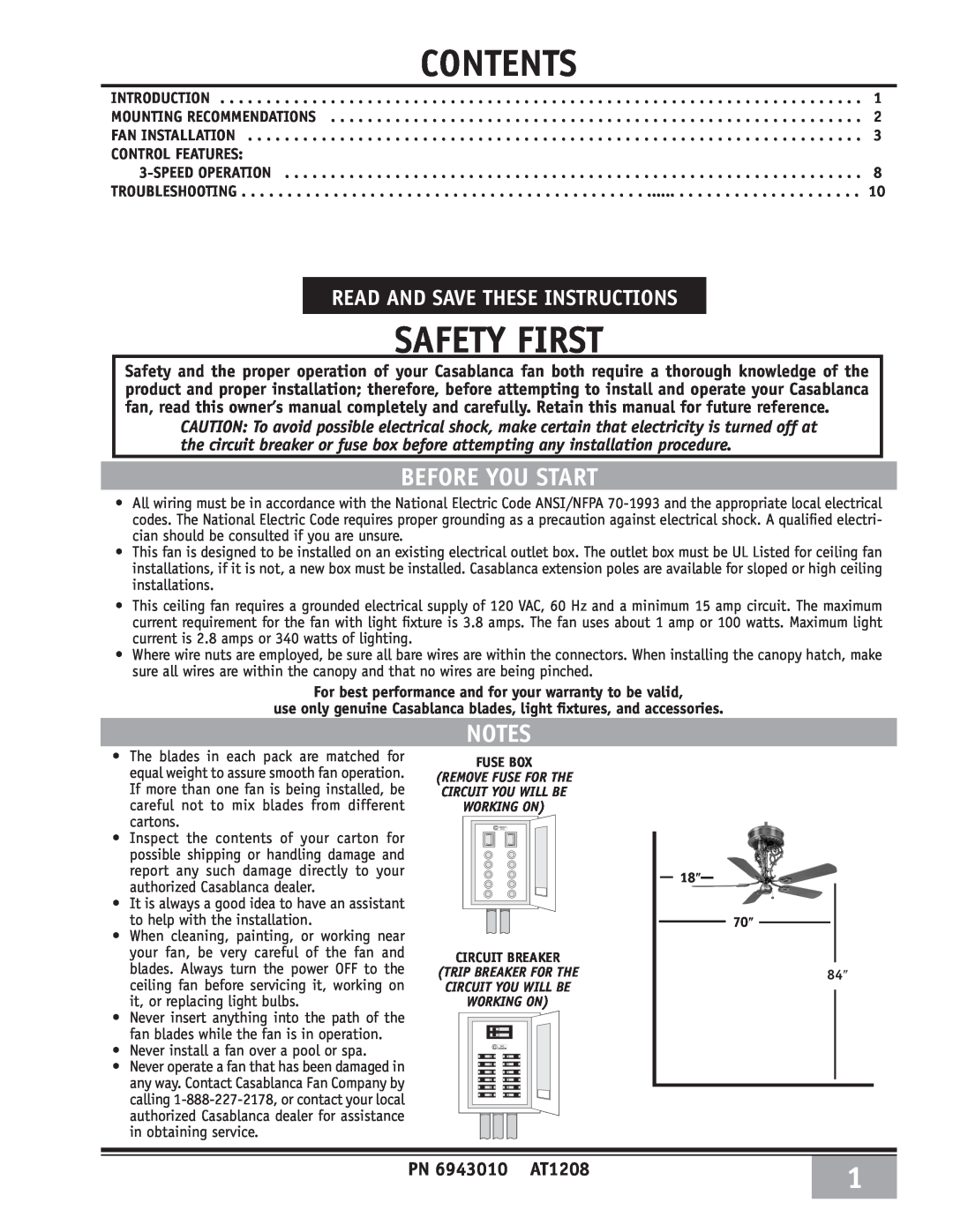 Casablanca Fan Company 69xxD warranty Before You Start, Read And Save These Instructions, PN 6943010 AT1208, Safety First 