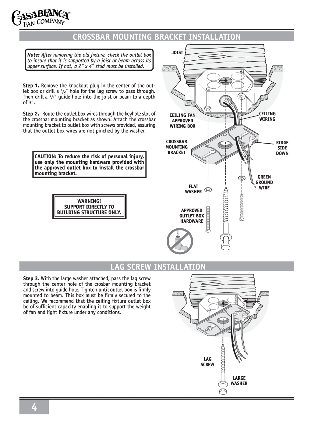 Casablanca Fan Company 69xxD warranty crossbar mounting bracket INSTALLATION, Lag Screw Installation 