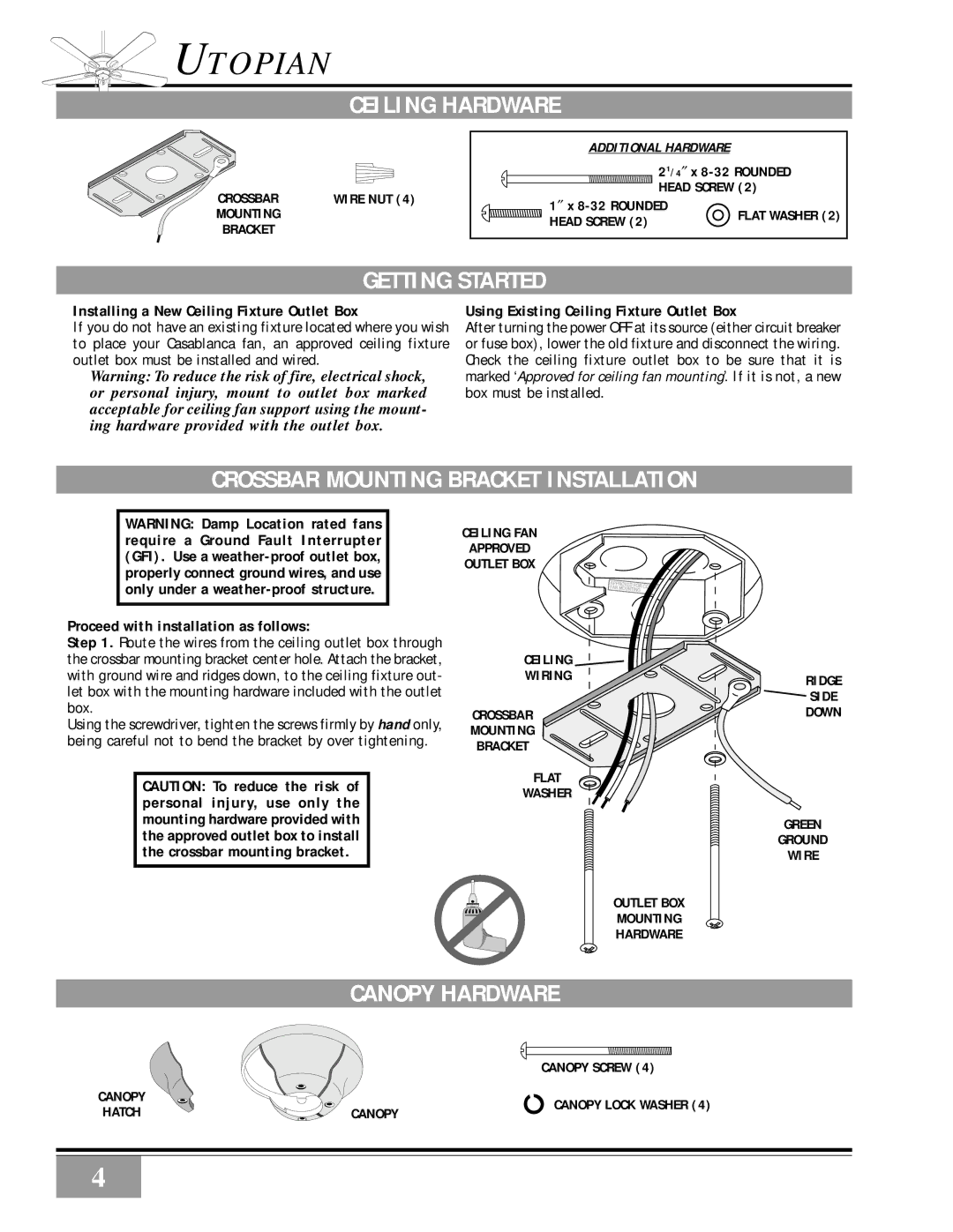 Casablanca Fan Company 77xxD Ceiling Hardware, Getting Started, Crossbar Mounting Bracket Installation, Canopy Hardware 