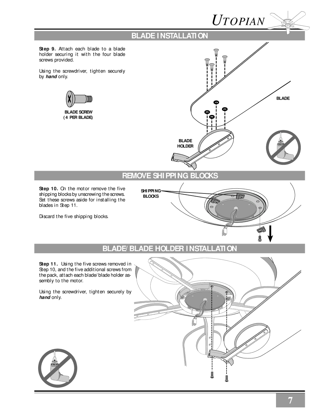 Casablanca Fan Company 77xxD warranty Blade Installation, Remove Shipping Blocks, BLADE/BLADE Holder Installation 