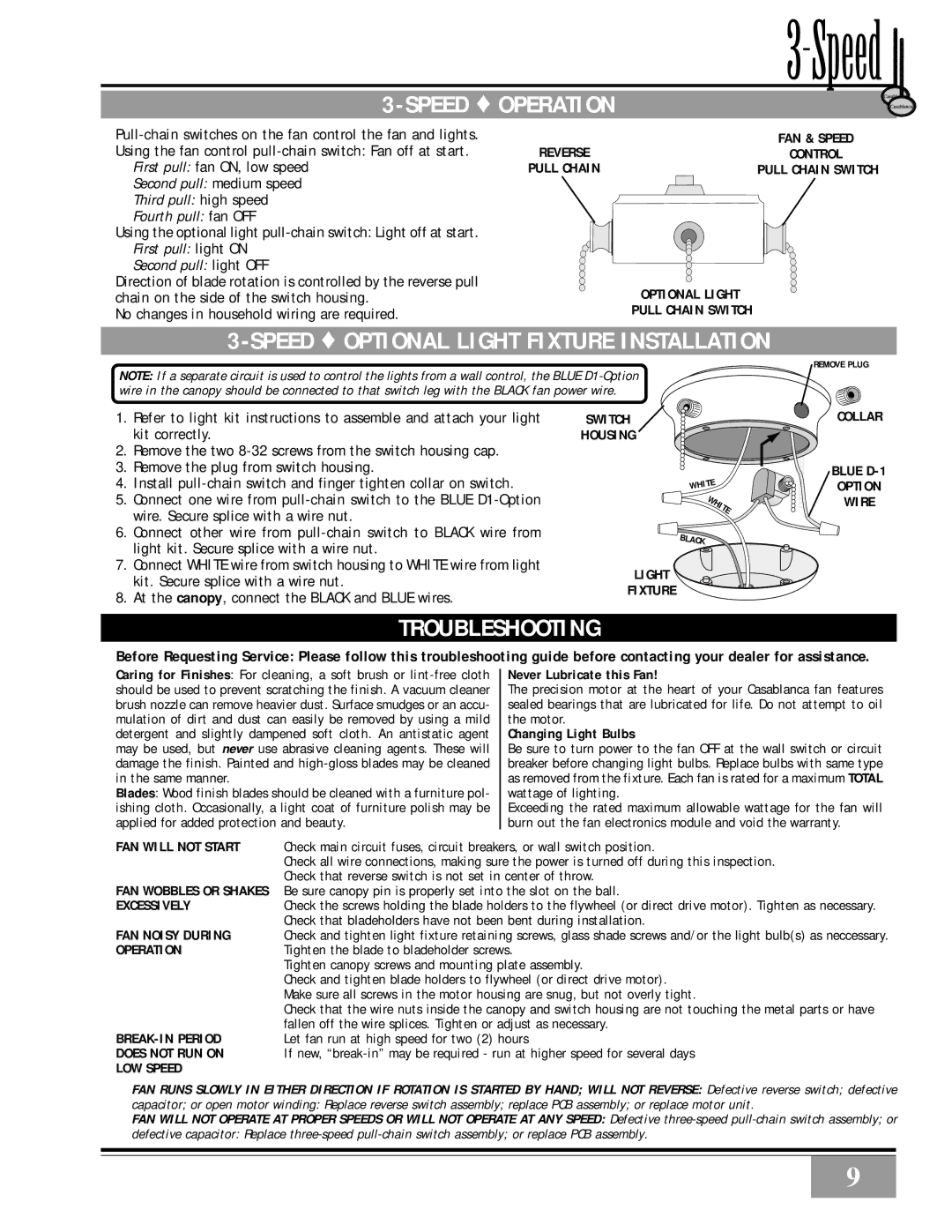 Casablanca Fan Company 77xxD warranty Speed Operation, Speed Optional Light Fixture Installation, Troubleshooting 