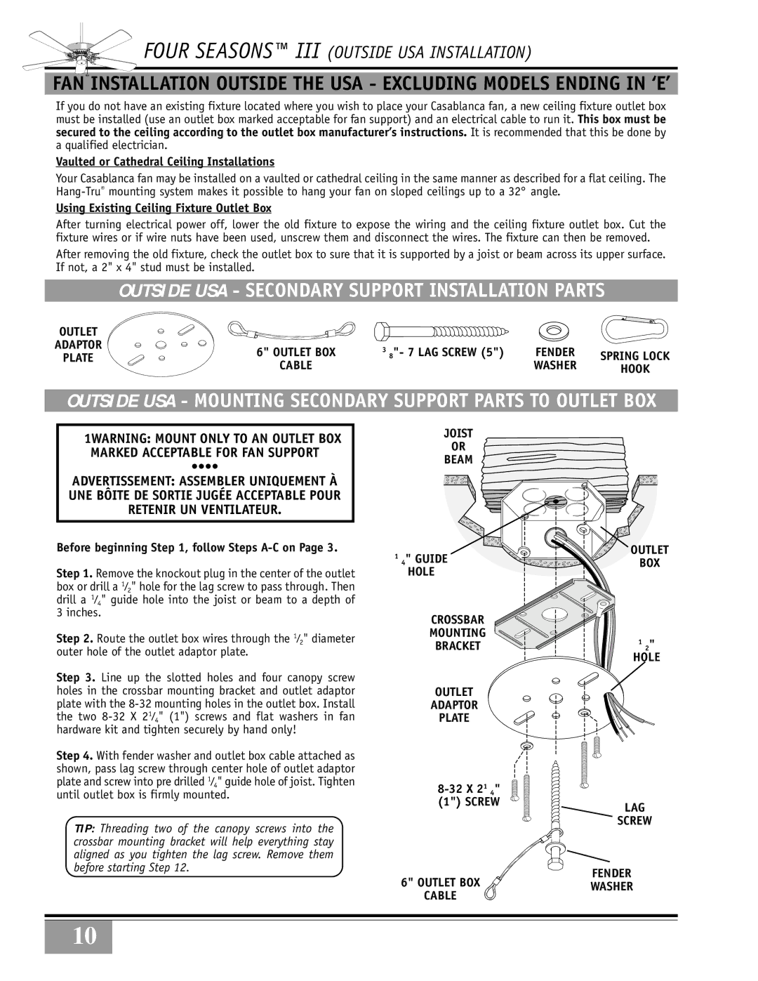 Casablanca Fan Company 84GxxD warranty Outside USA Secondary Support Installation Parts, Fender 