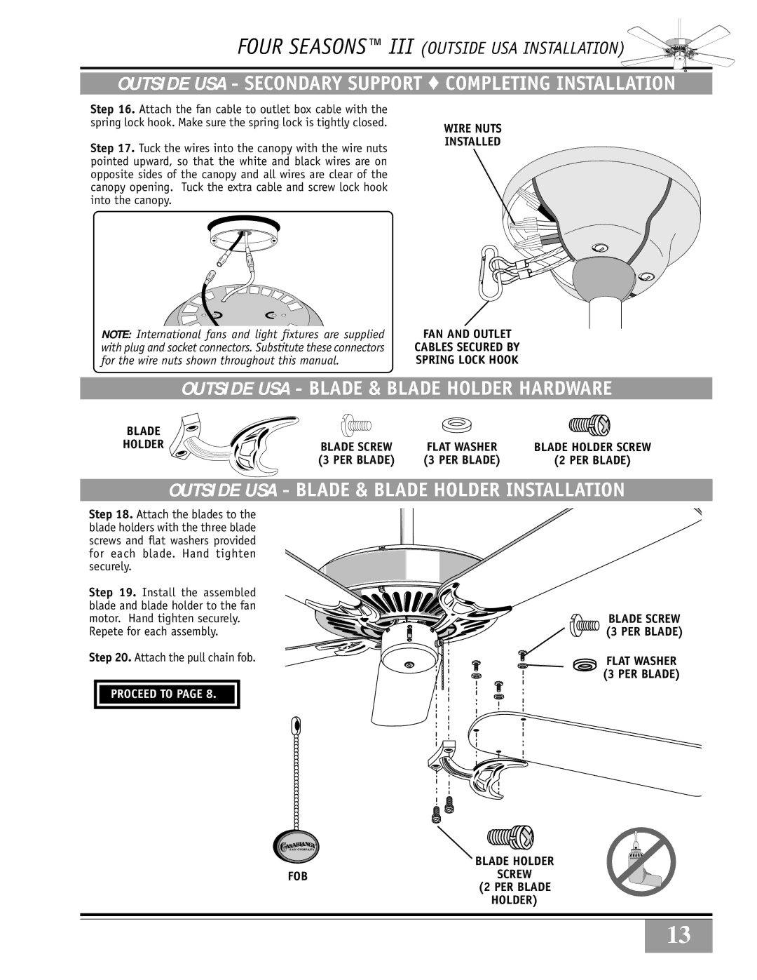 Casablanca Fan Company 84GxxD warranty Outside USA Blade & Blade Holder Installation, Fob, PER Blade Holder 