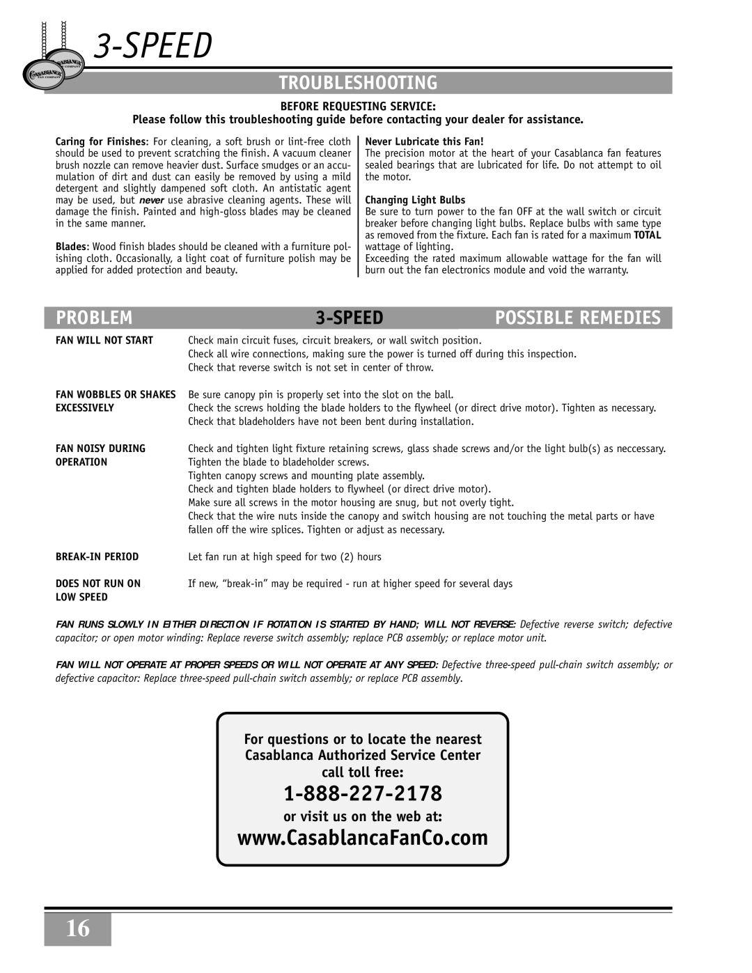 Casablanca Fan Company 84GxxD warranty Troubleshooting, Problem, Before Requesting Service 