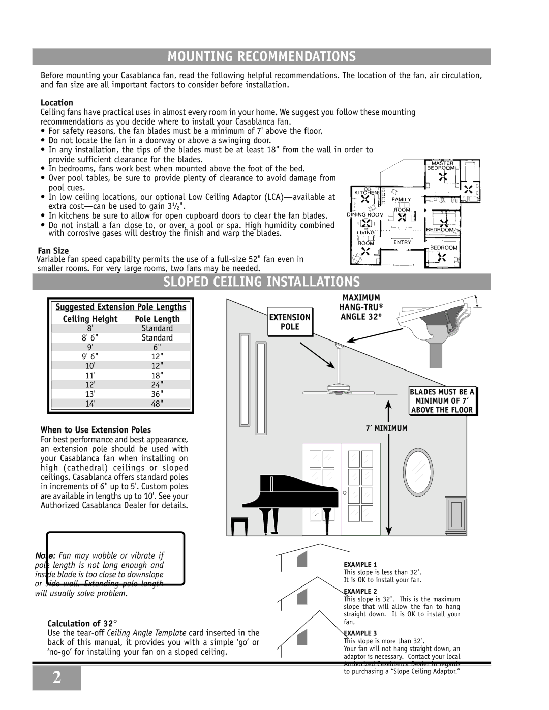 Casablanca Fan Company 84GxxD Mounting Recommendations, Sloped Ceiling Installations, Extension Pole Maximum HANG-TRU 