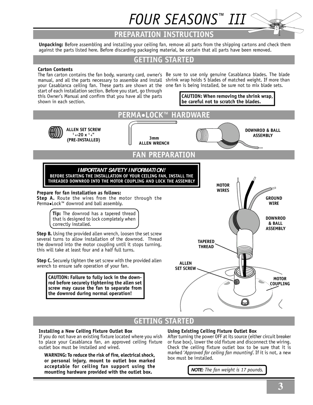 Casablanca Fan Company 84GxxD warranty Preparation Instructions, Getting Started, Permalock Hardware, FAN Preparation 