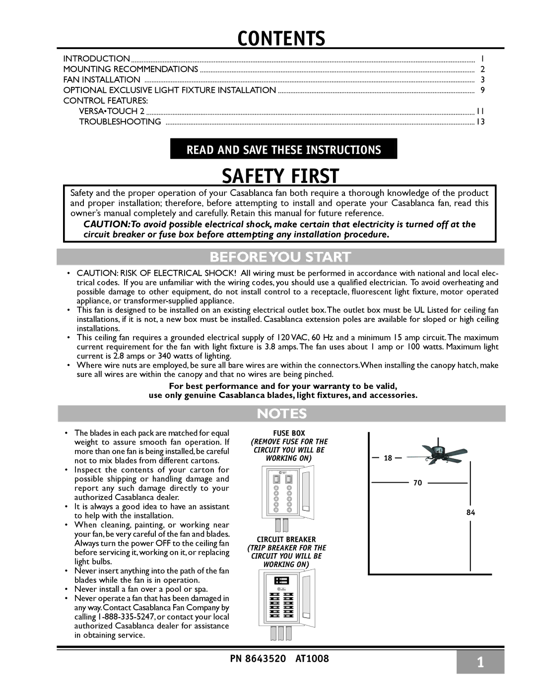 Casablanca Fan Company 86UxxM owner manual Contents 