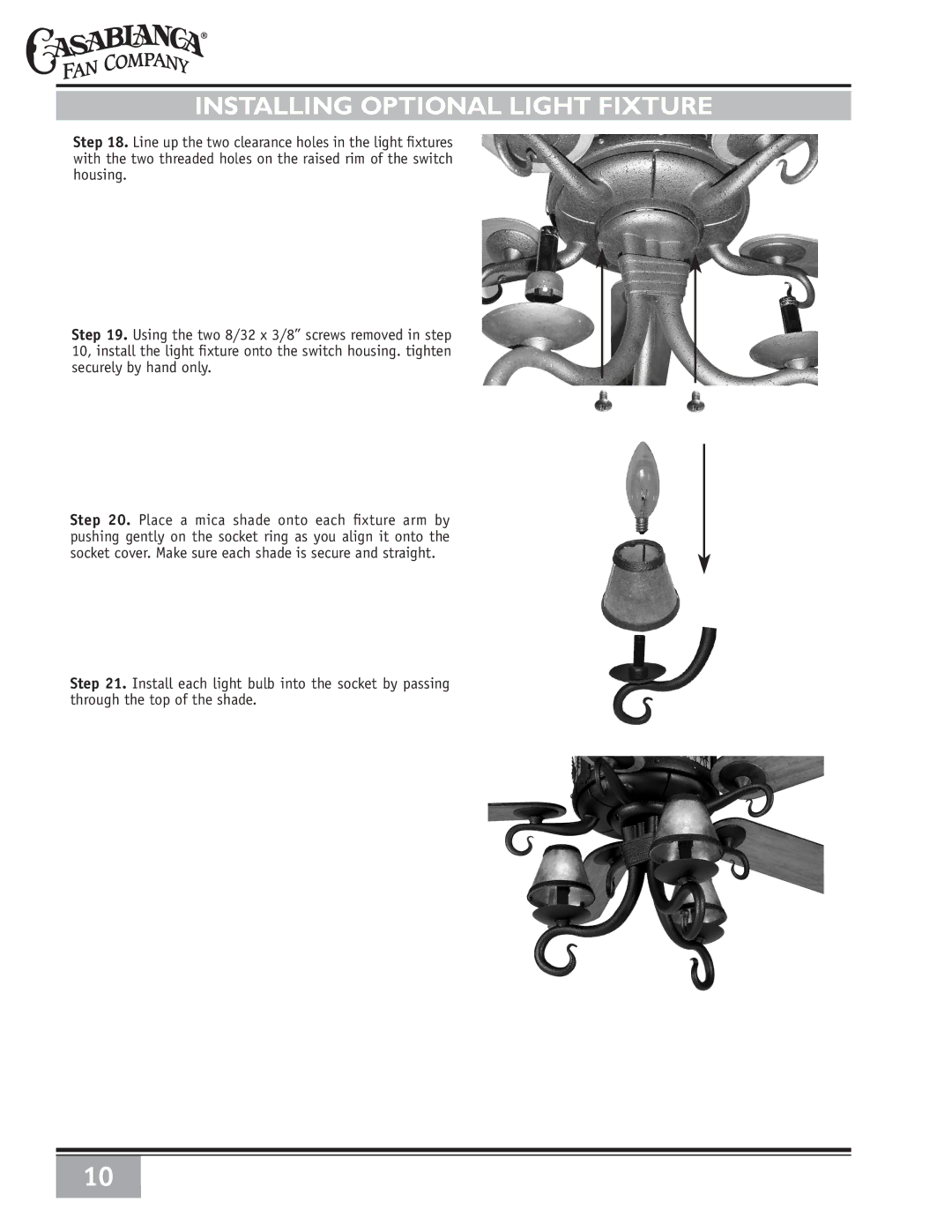 Casablanca Fan Company 86UxxM owner manual Installing Optional Light Fixture 