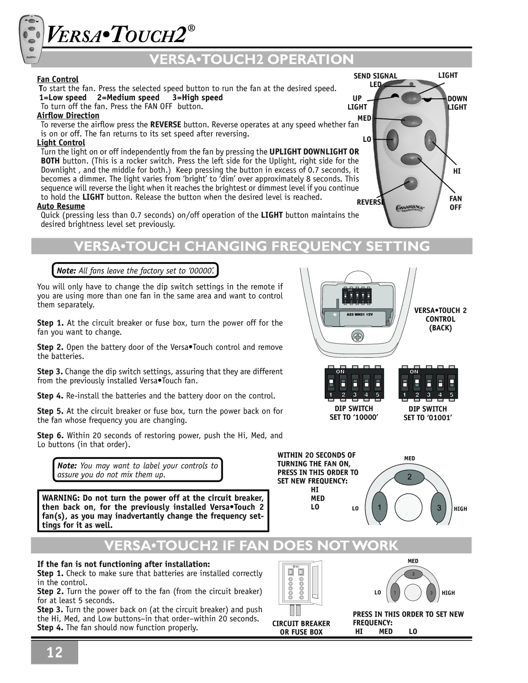 Casablanca Fan Company 86UxxM owner manual VERSATOUCH2 Operation 