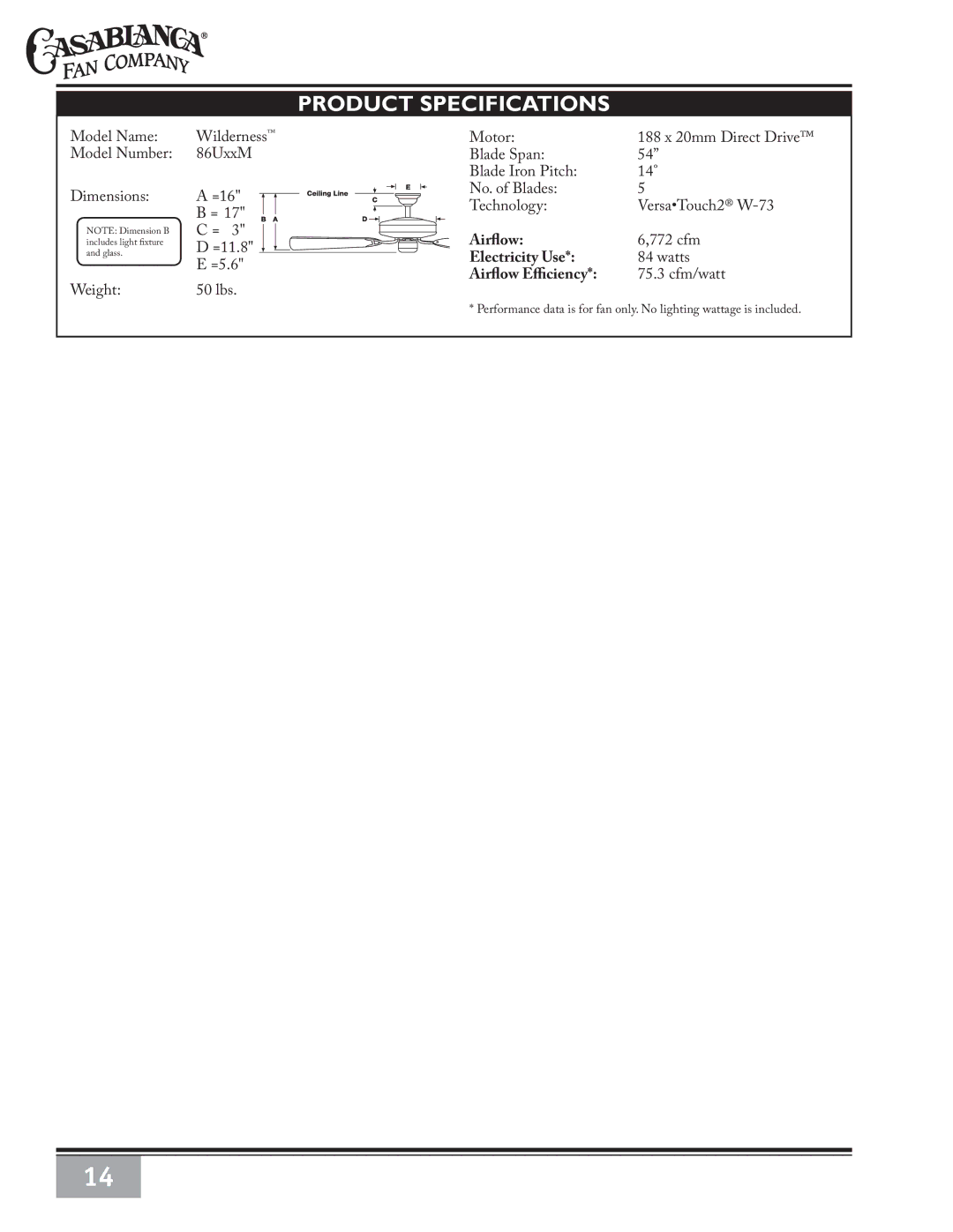 Casablanca Fan Company 86UxxM owner manual Product Specifications 