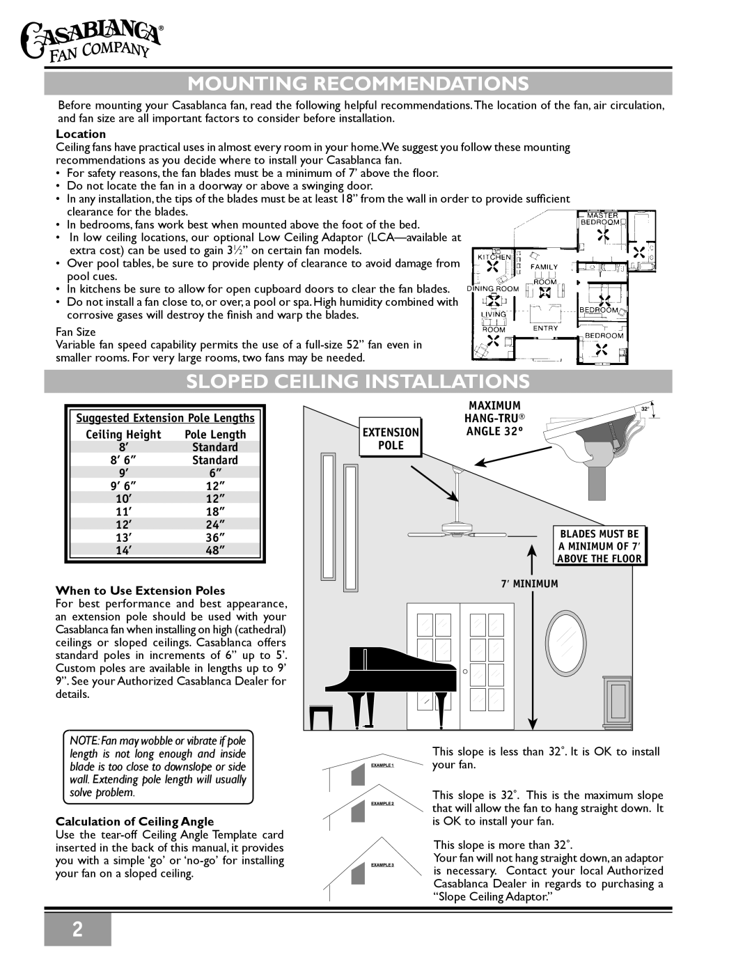 Casablanca Fan Company 86UxxM owner manual Mounting Recommendations, Sloped Ceiling Installations, 10’ 11’ 12’ 13’ 14’ 