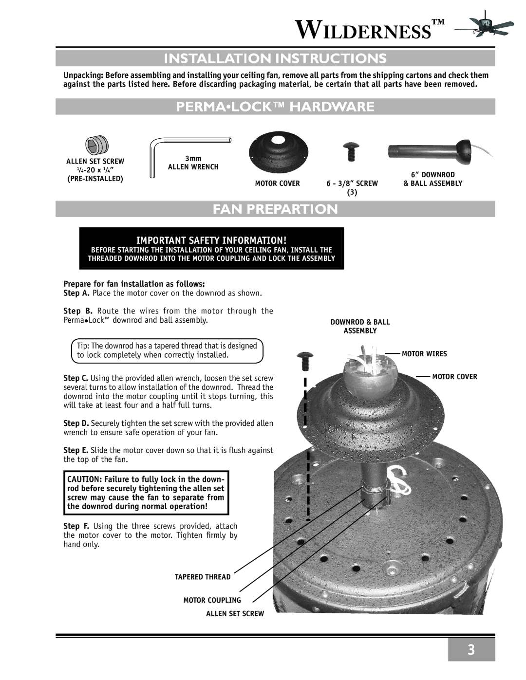 Casablanca Fan Company 86UxxM owner manual Installation Instructions, Permalock Hardware, FAN Prepartion 