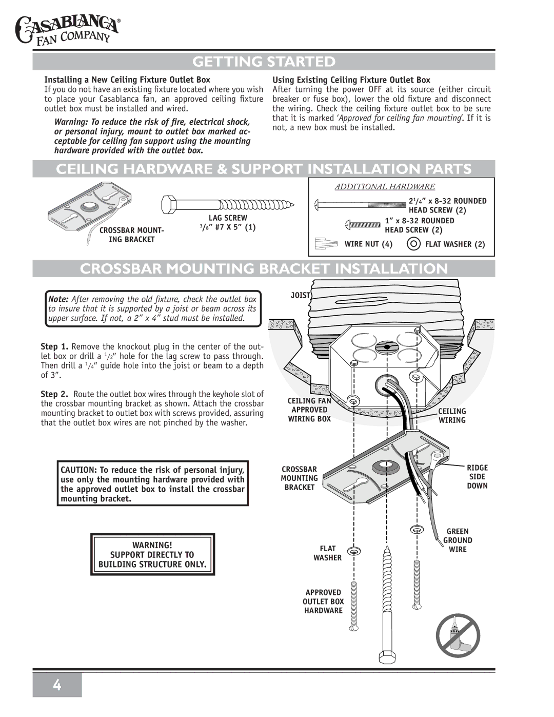 Casablanca Fan Company 86UxxM owner manual Getting Started, Ceiling Hardware & Support Installation Parts 