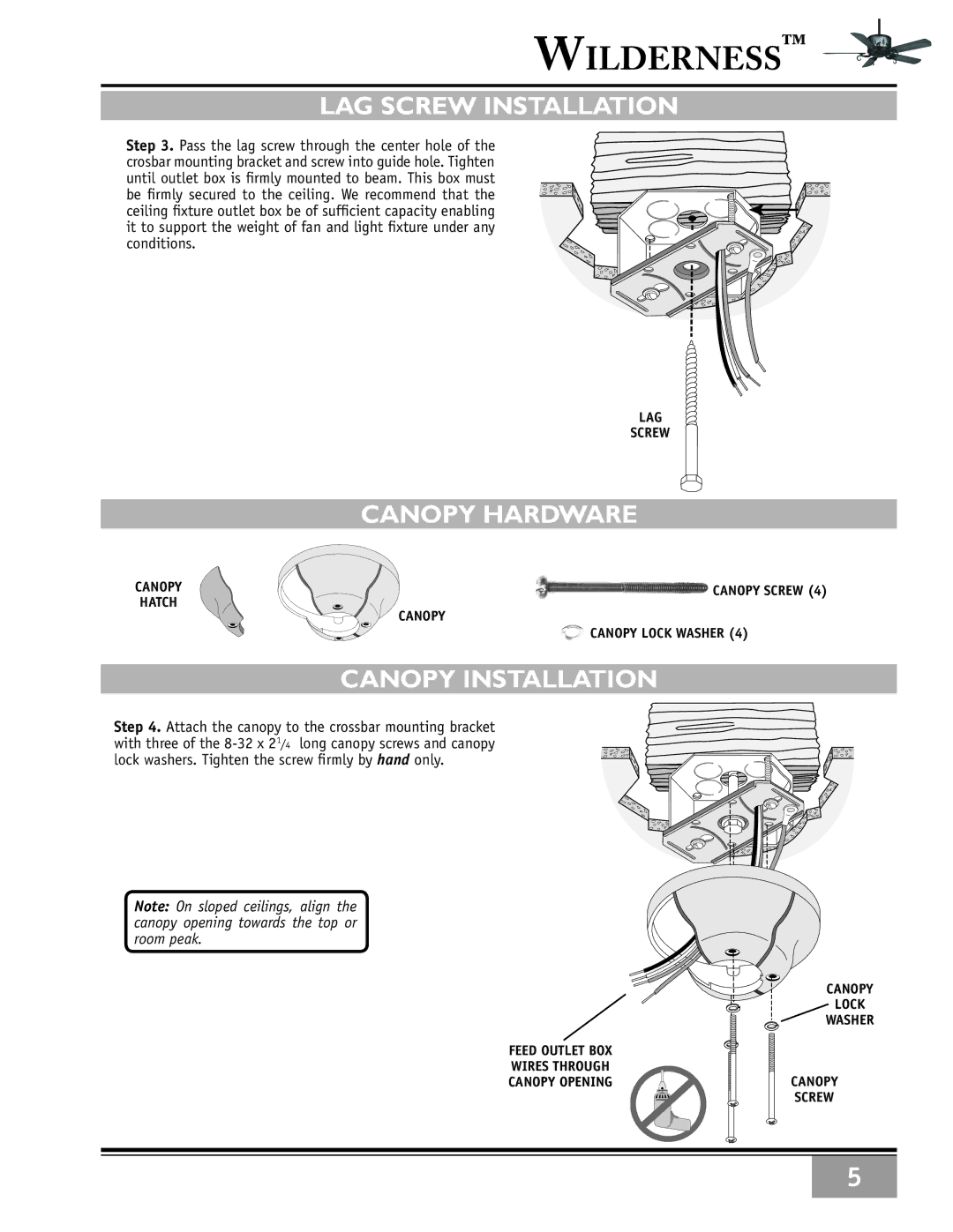 Casablanca Fan Company 86UxxM owner manual LAG Screw Installation, Canopy Hardware, Canopy Installation 