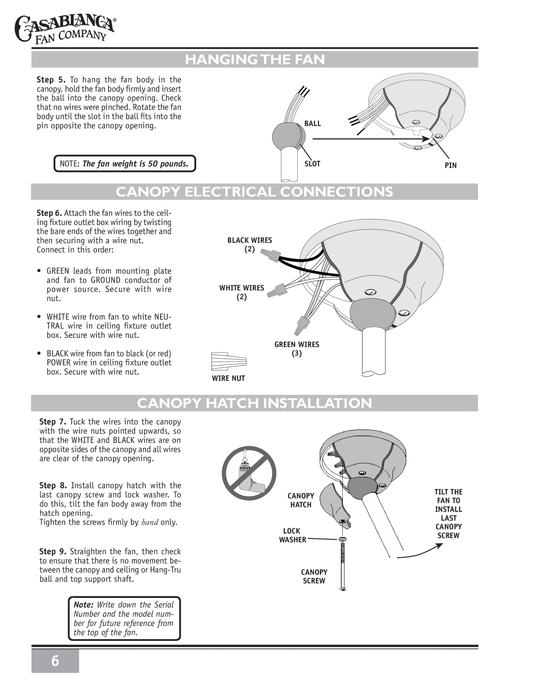 Casablanca Fan Company 86UxxM owner manual Hanging the FAN, Canopy Electrical Connections, Canopy Hatch Installation 