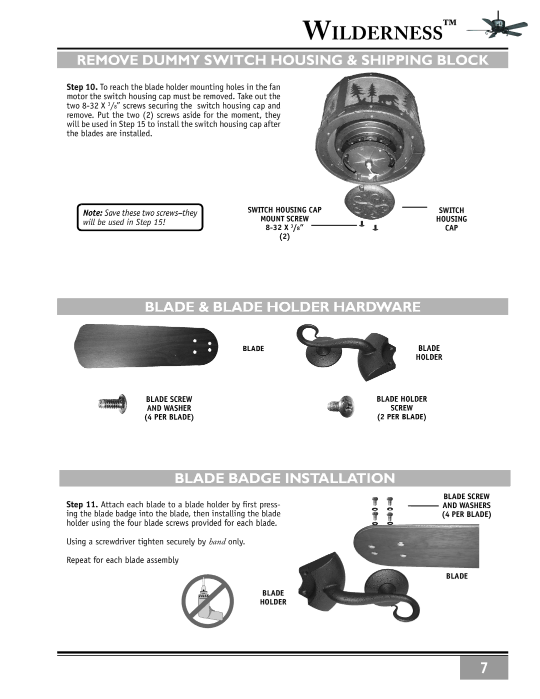 Casablanca Fan Company 86UxxM owner manual Remove Dummy Switch Housing & Shipping Block, Blade & Blade Holder Hardware 