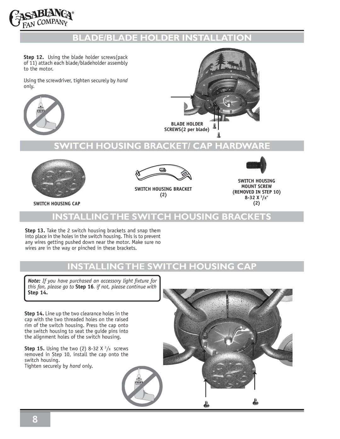 Casablanca Fan Company 86UxxM owner manual BLADE/BLADE Holder Installation, Switch Housing BRACKET/ CAP Hardware, Step 