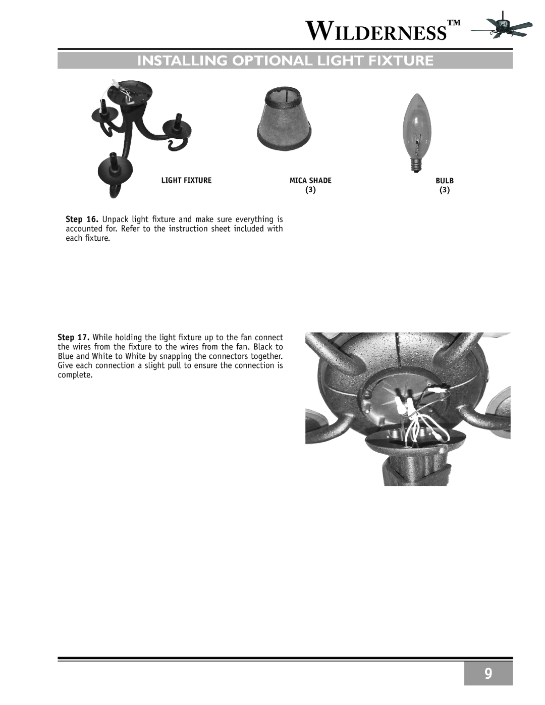 Casablanca Fan Company 86UxxM owner manual Installing Optional Light Fixture 