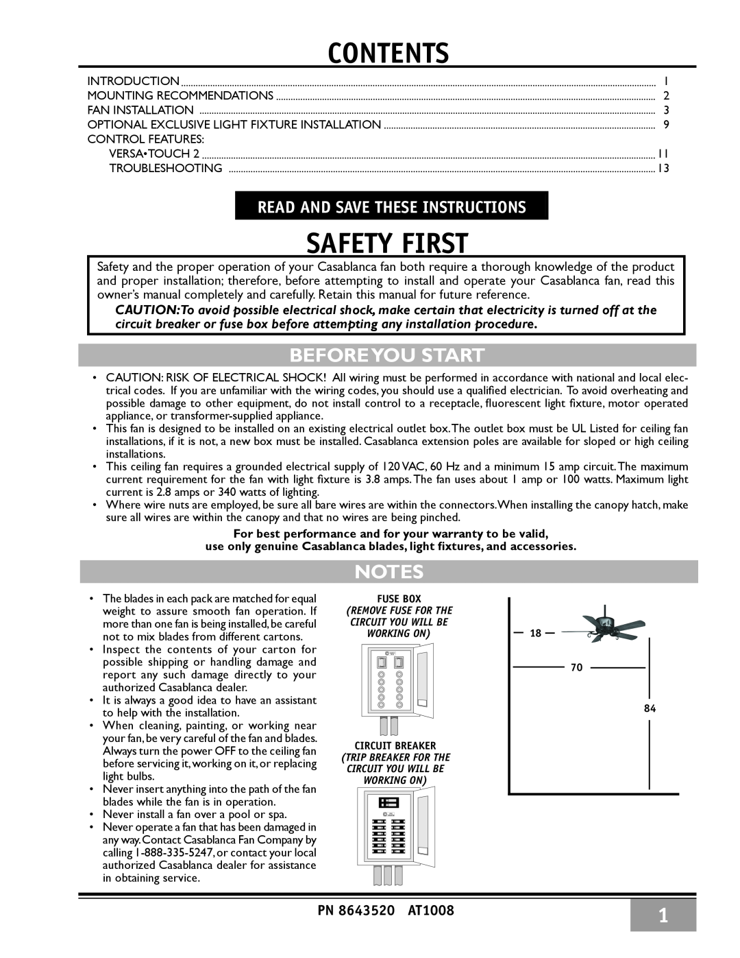 Casablanca Fan Company 86UxxM owner manual Beforeyou Start, Read And Save These Instructions, Contents, Safety First 