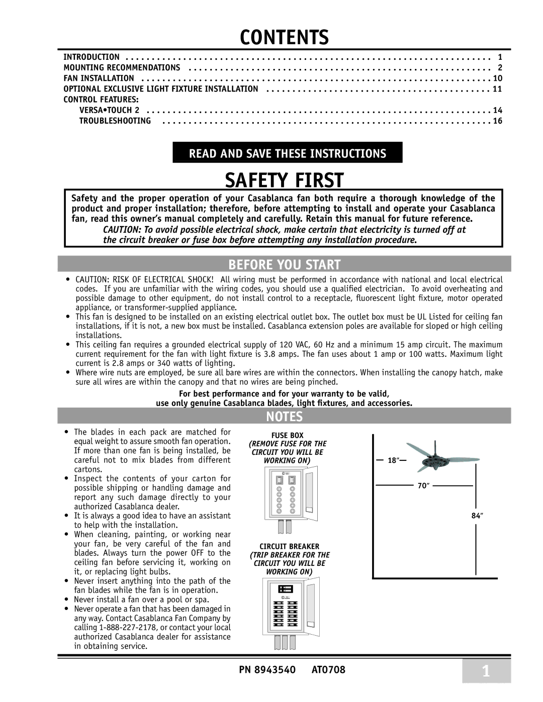 Casablanca Fan Company 89UXXM warranty Safety First 