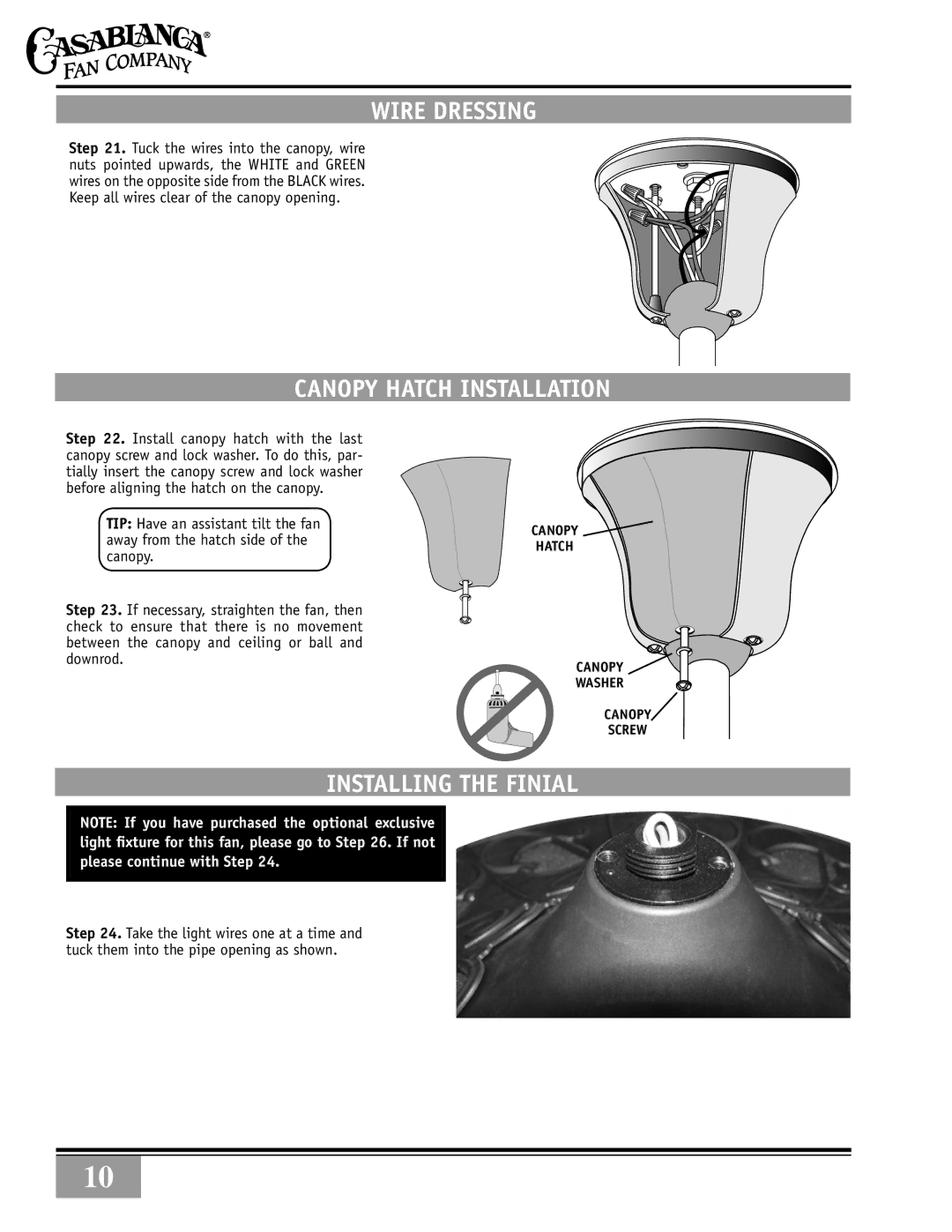 Casablanca Fan Company 89UXXM warranty Wire dressing, Canopy Hatch Installation, Installing the finial 