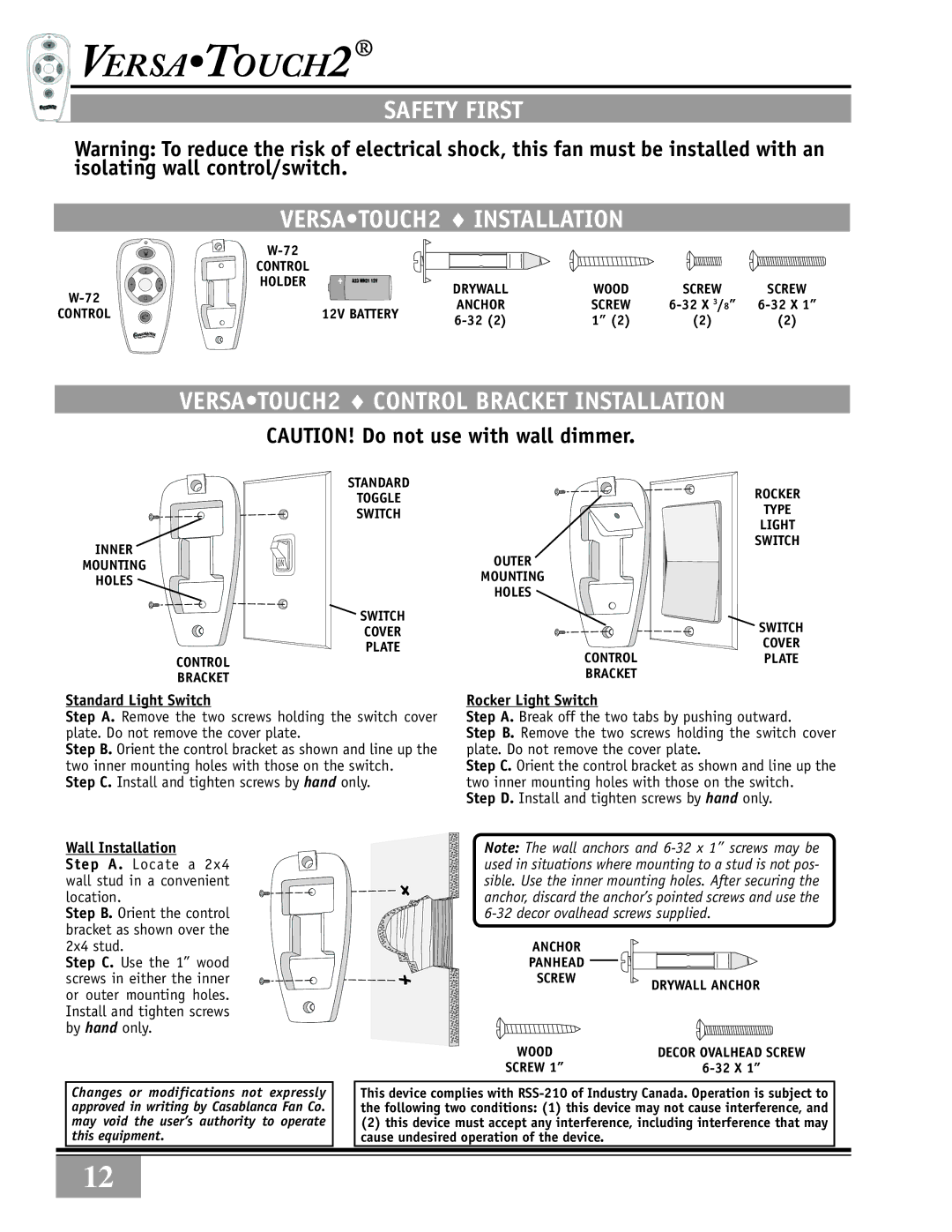 Casablanca Fan Company 89UXXM warranty SAFEty first, VERSATOUCH2 Installation, VERSATOUCH2 Control Bracket Installation 