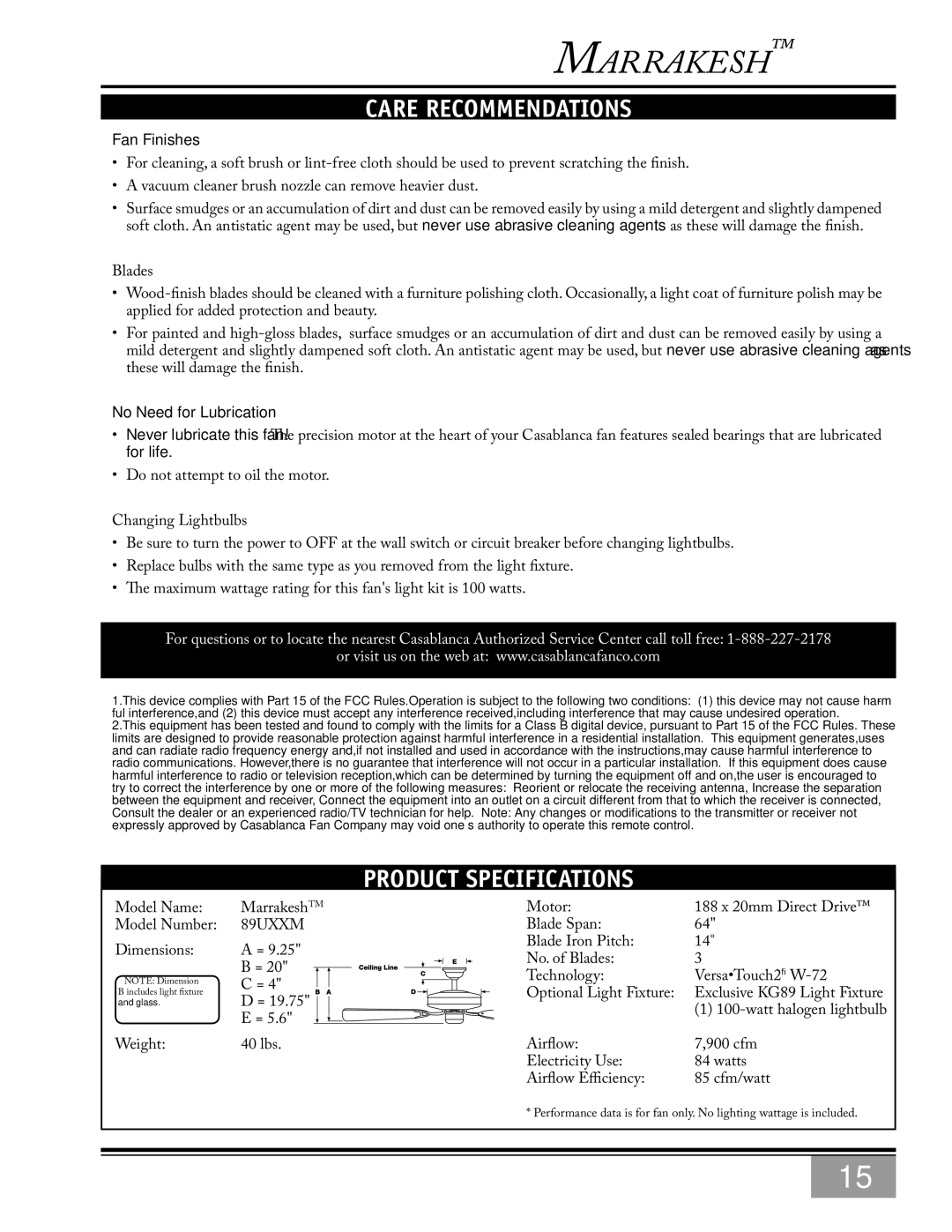 Casablanca Fan Company 89UXXM warranty Care Recommendations, Product Specifications 