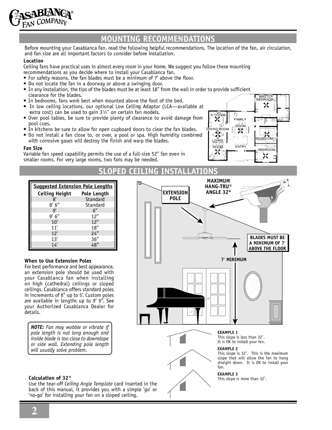 Casablanca Fan Company 89UXXM warranty Mounting Recommendations, Sloped Ceiling Installations 