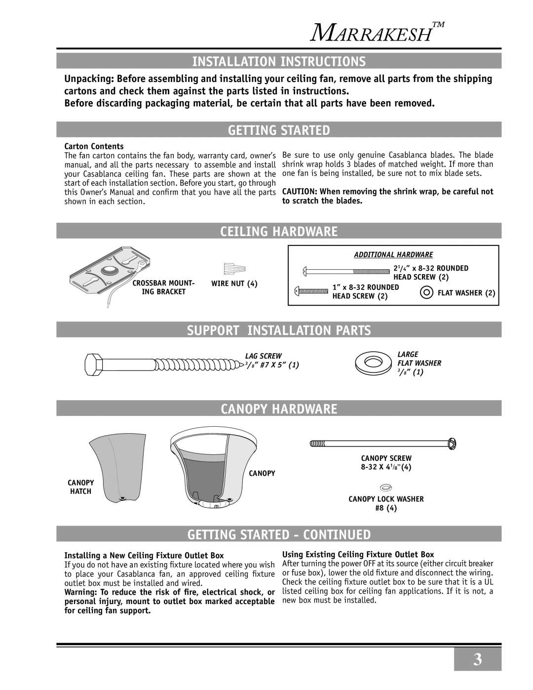 Casablanca Fan Company 89UXXM Installation Instructions, Getting Started, Ceiling Hardware, Support Installation Parts 