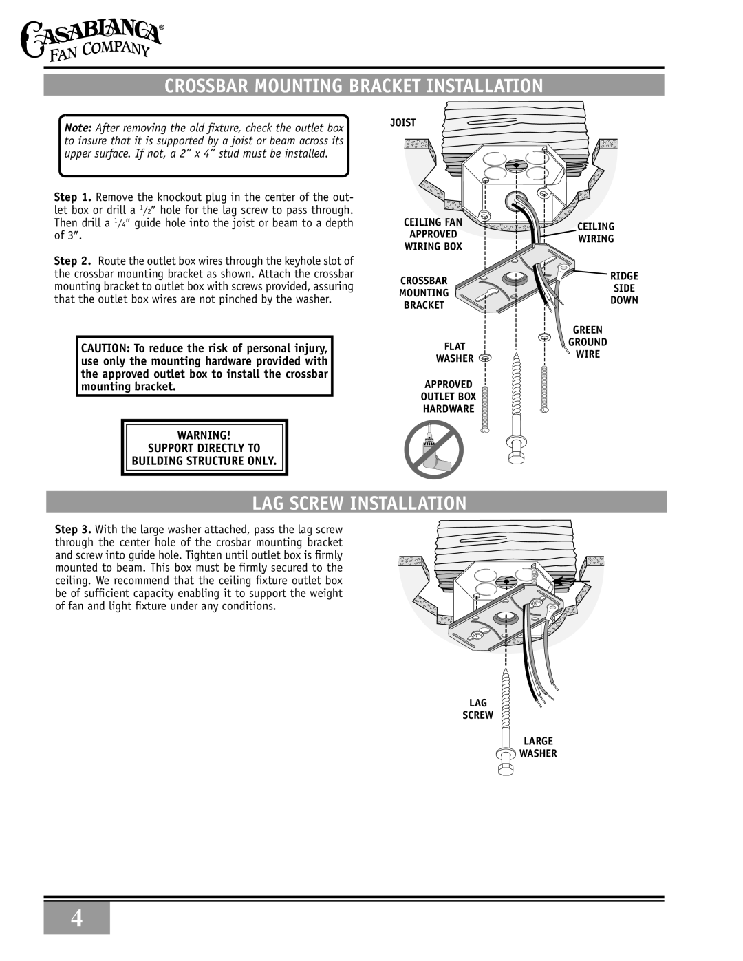 Casablanca Fan Company 89UXXM warranty Crossbar Mounting Bracket Installation, LAG Screw Installation, Joist, Large Washer 