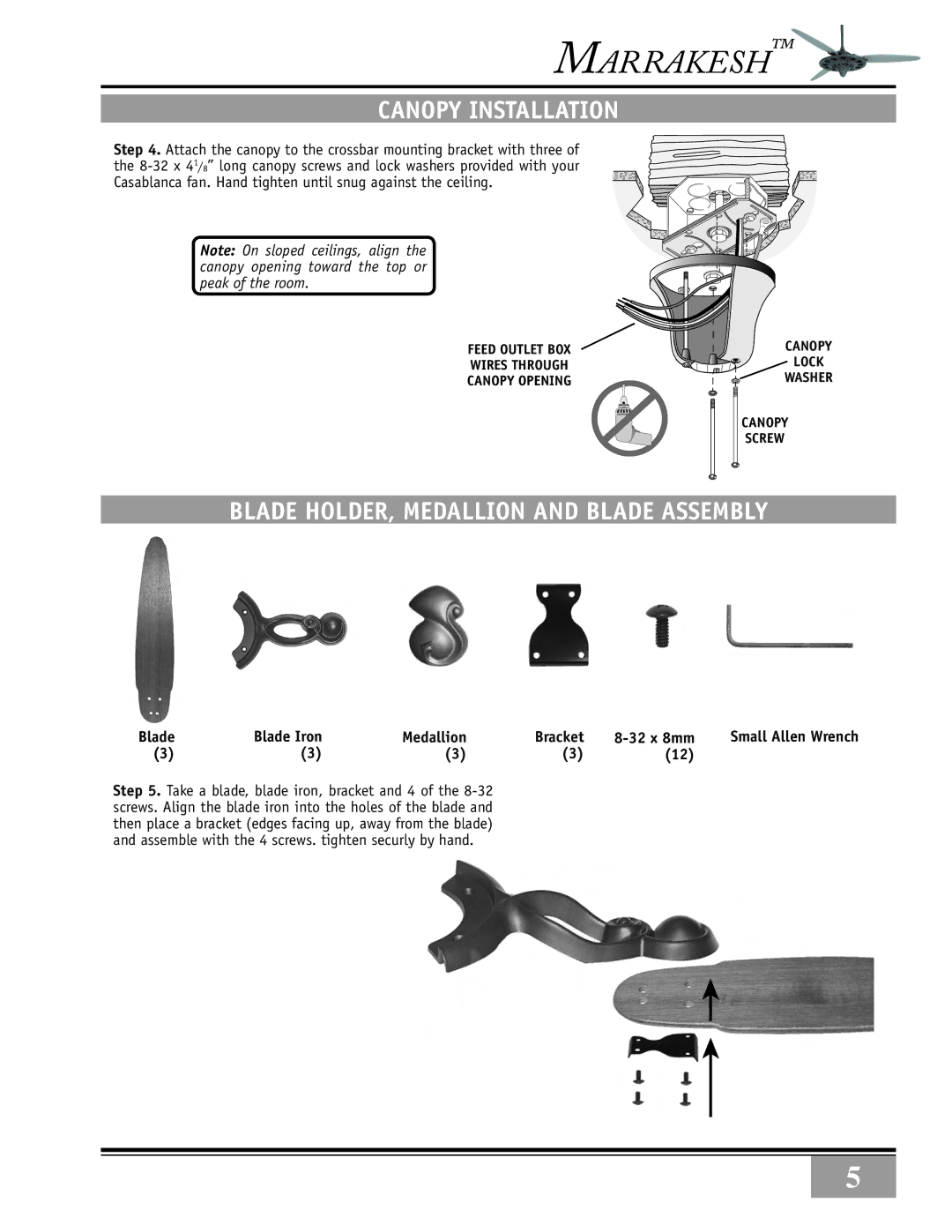 Casablanca Fan Company 89UXXM warranty Canopy Installation, Blade holder, medallion and blade assembly 