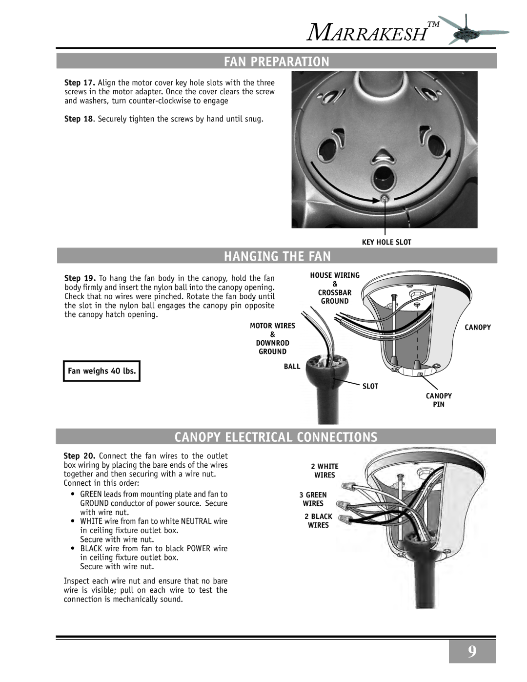 Casablanca Fan Company 89UXXM warranty Hanging the fan, Canopy Electrical Connections, Key hole slot, White Wires 