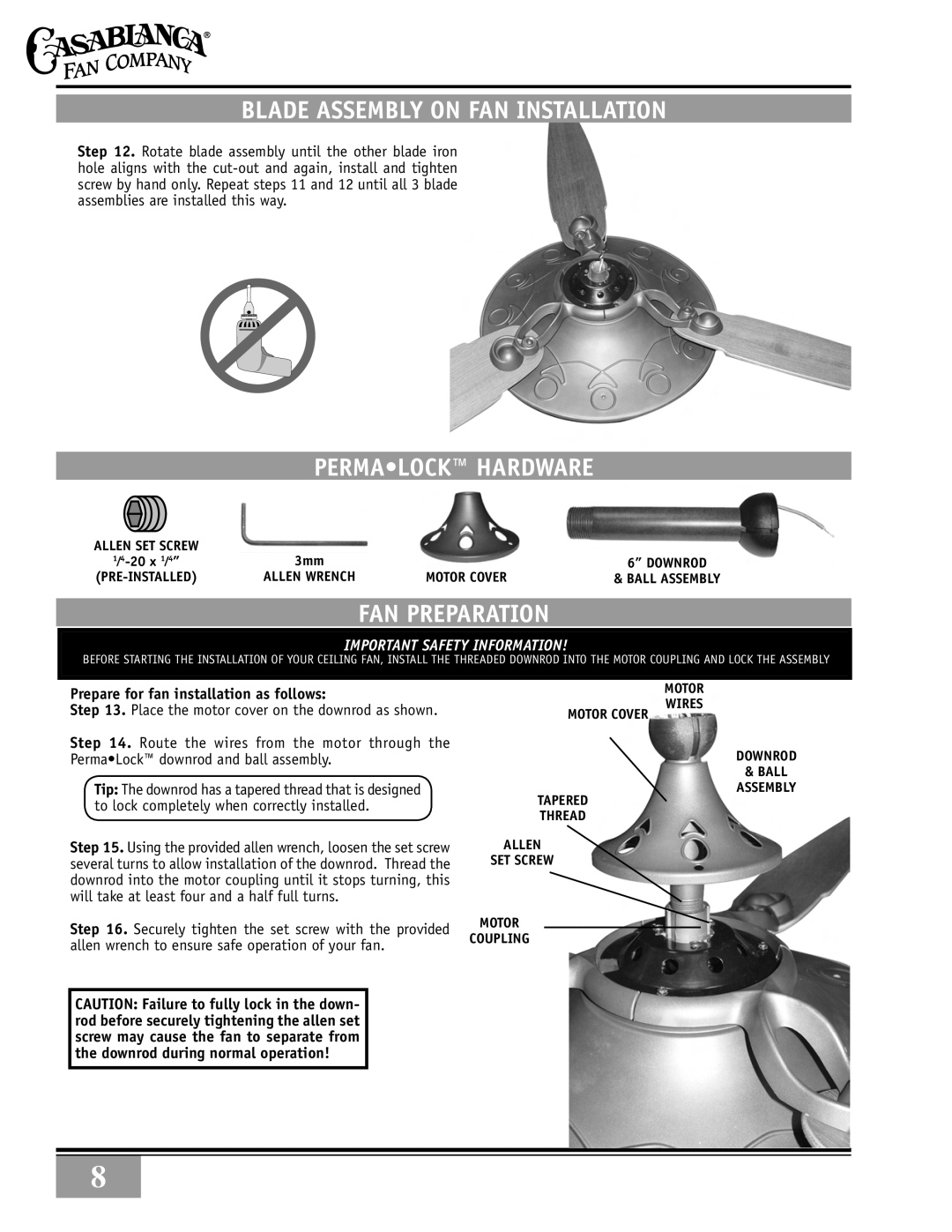 Casablanca Fan Company 89UXXM warranty blade assembly on fan installation, Perma•lock Hardware, Fan preparation 