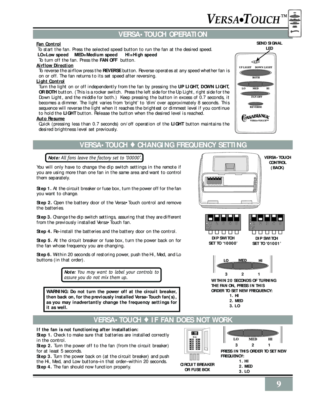 Casablanca Fan Company Bellatm Bella Ceiling Fan owner manual Versatouch Operation, Versatouch Changing Frequency Setting 