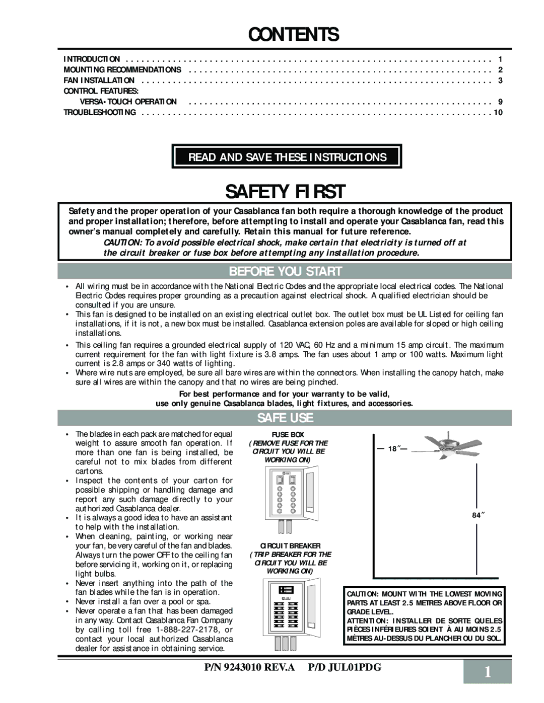 Casablanca Fan Company Bellatm Bella Ceiling Fan owner manual Contents 