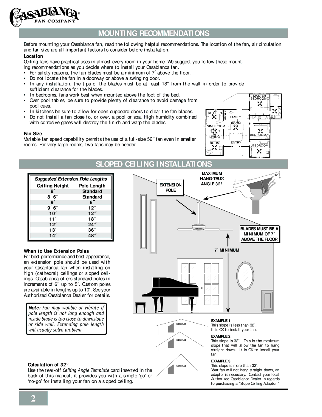 Casablanca Fan Company Bellatm Bella Ceiling Fan owner manual Mounting Recommendations, Sloped Ceiling Installations 