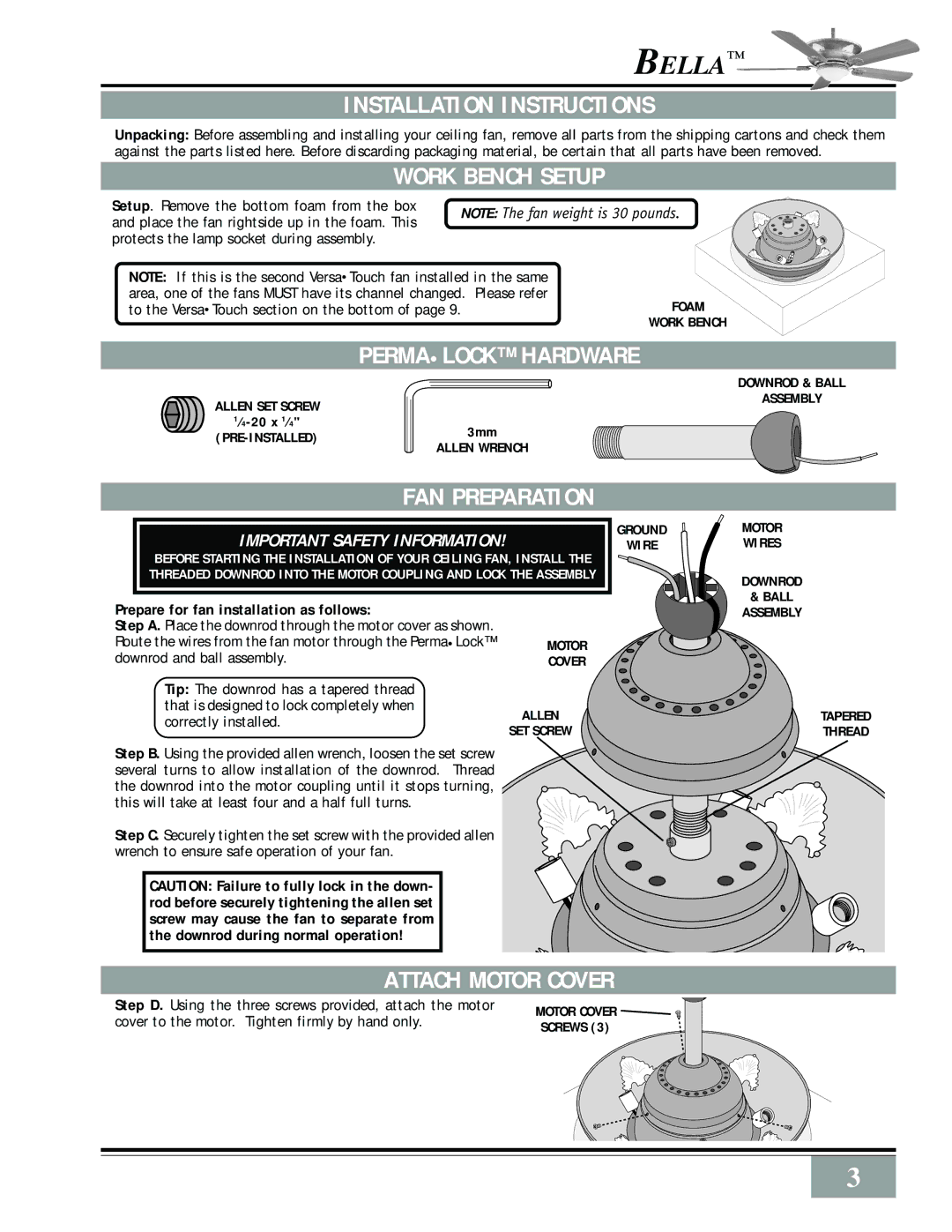 Casablanca Fan Company Bellatm Bella Ceiling Fan Installation Instructions, Work Bench Setup, Permalock Hardware 