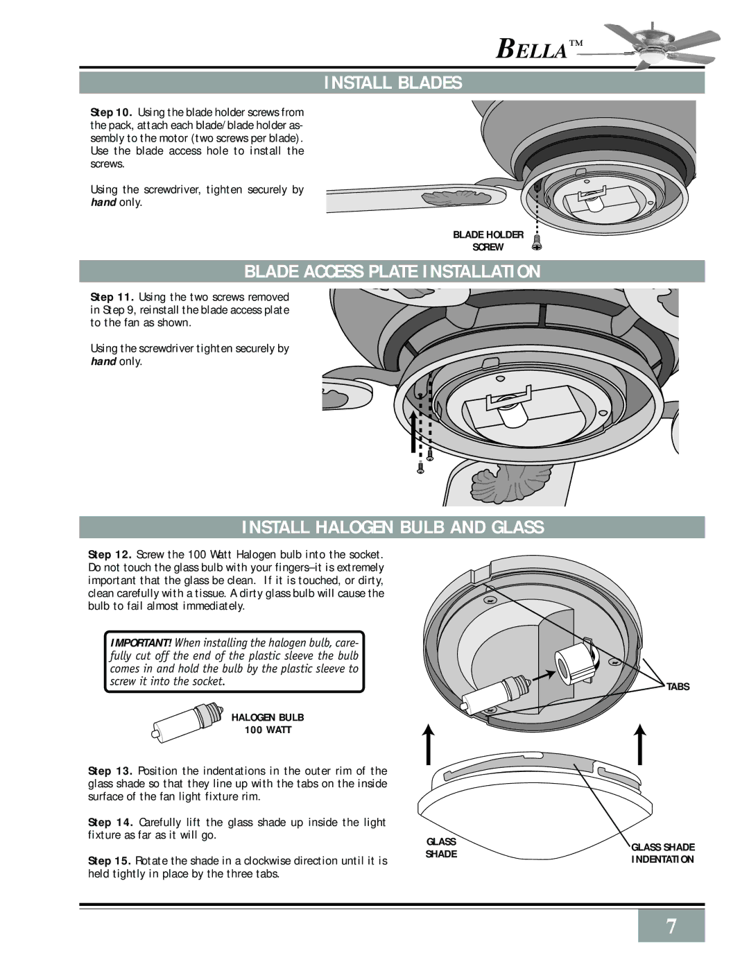 Casablanca Fan Company Bellatm Bella Ceiling Fan Install Blades, Blade Access Plate Installation, Blade Holder Screw 