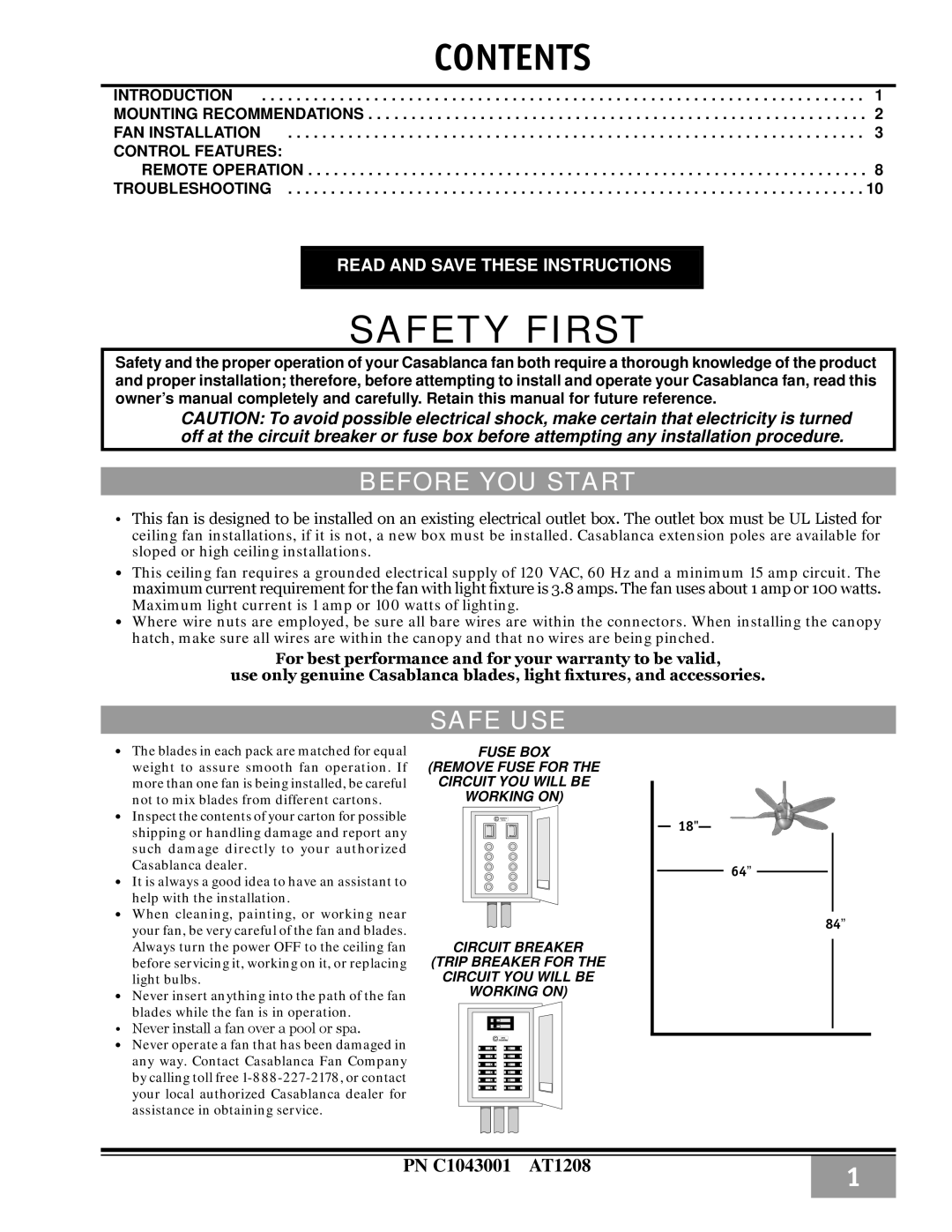 Casablanca Fan Company C10GXXM warranty Safety First 