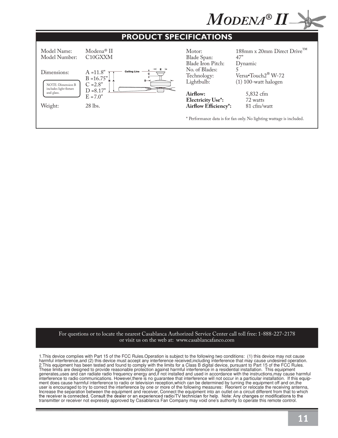 Casablanca Fan Company C10GXXM warranty Product Specifications 