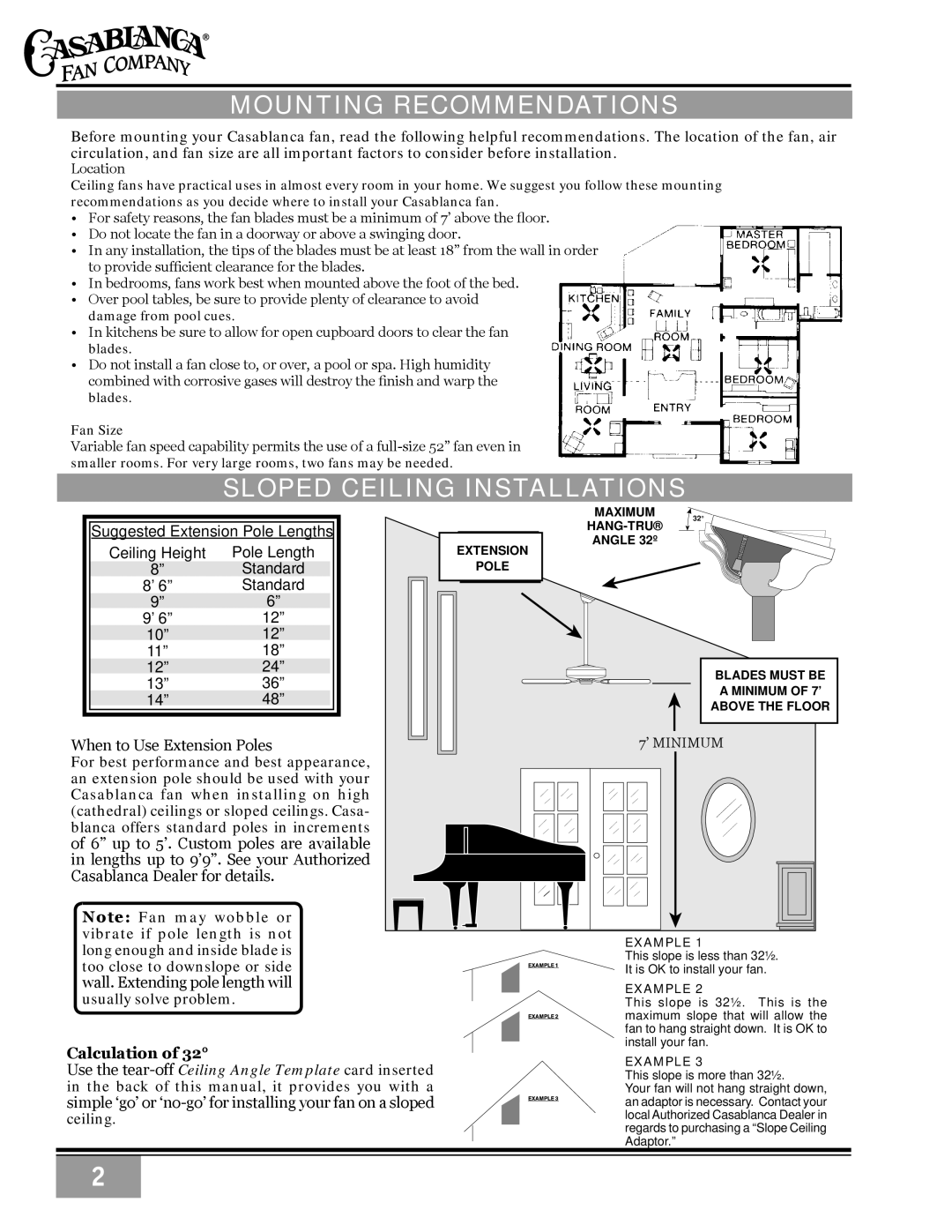 Casablanca Fan Company C10GXXM warranty Mounting Recommendations, Sloped Ceiling Installations, Calculation 