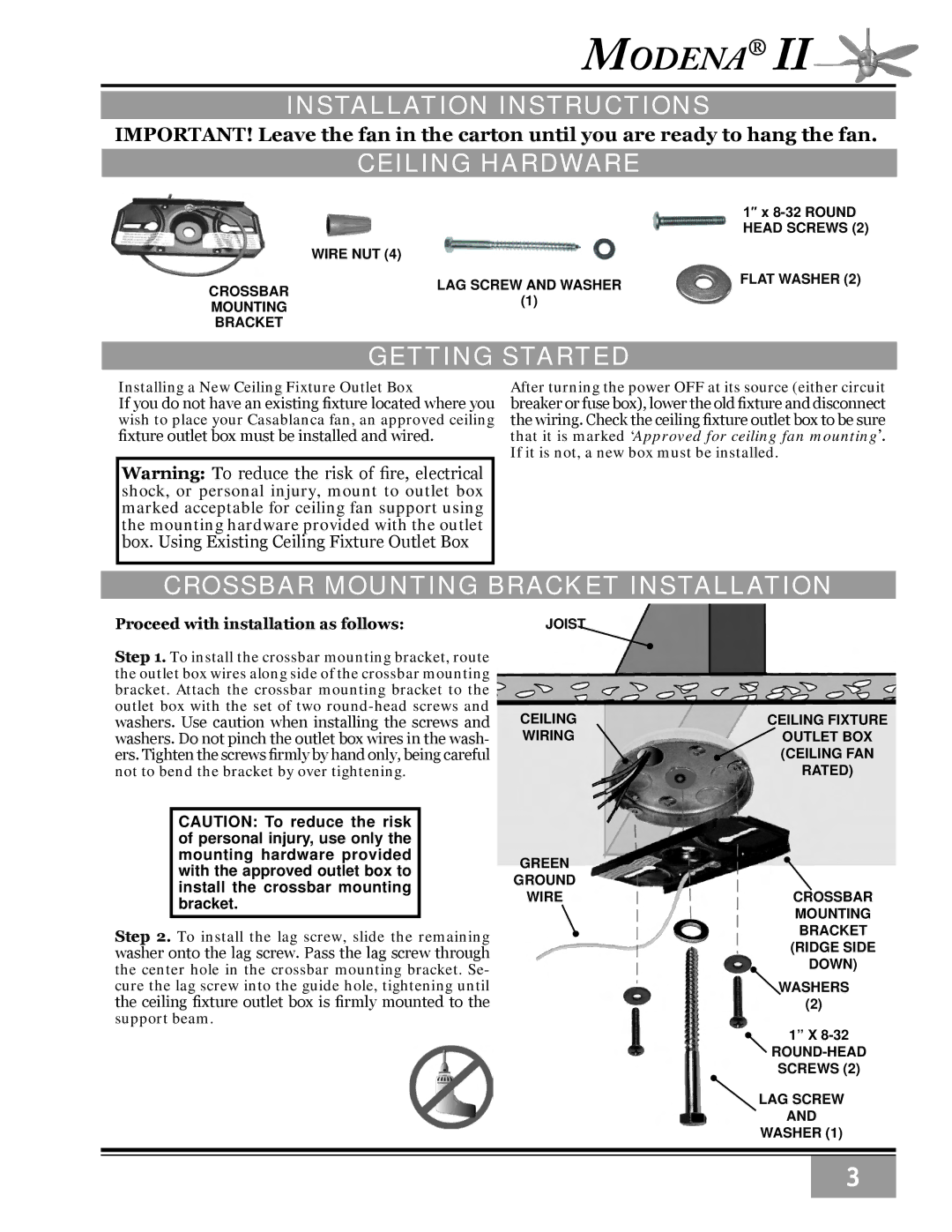 Casablanca Fan Company C10GXXM warranty Installation Instructions, Ceiling Hardware, Getting started 