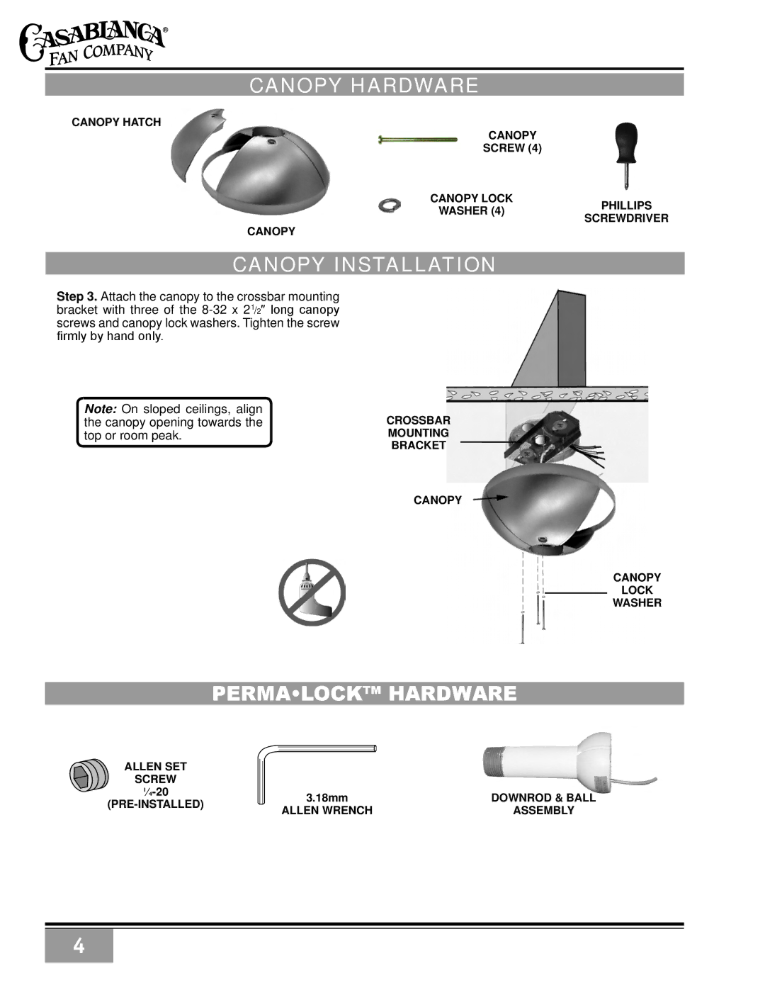 Casablanca Fan Company C10GXXM warranty Canopy Hardware, Canopy Installation, Permalock hardware 