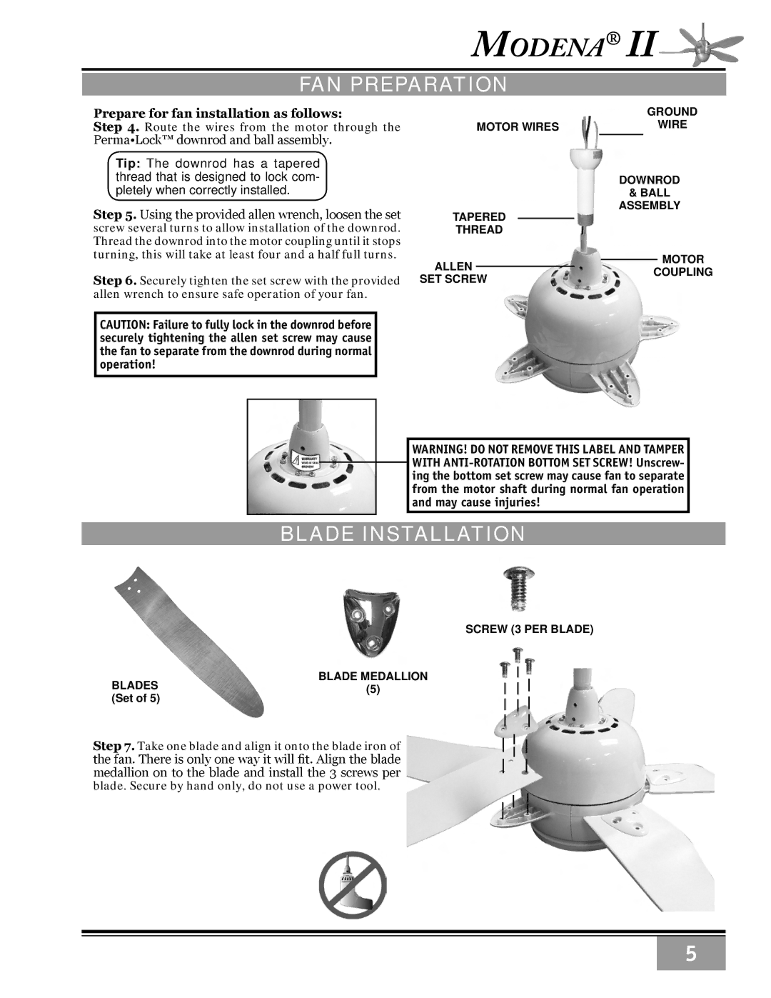 Casablanca Fan Company C10GXXM warranty Fan preparation, Blade installation, Prepare for fan installation as follows 